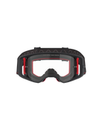Alpinestars Supertech Corp Goggles, óculos de motocross, pretos, vermelhos e transparentes, vista frontal, lente transparente com o texto 'ONE GOAL. ONE VISION.', armação preta com detalhes laterais vermelhos, amplo campo de visão, correia durável com aderência de silicone ondulado