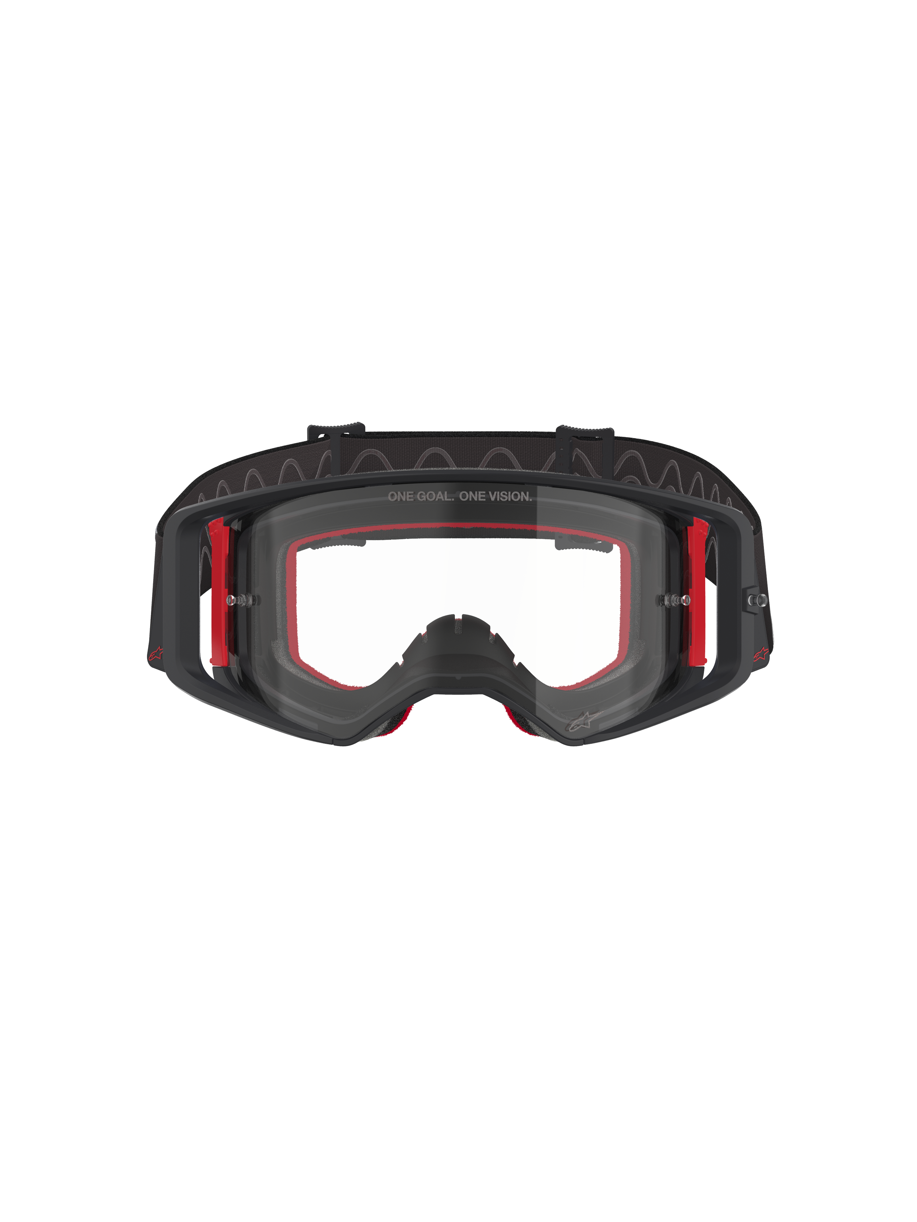 Alpinestars Supertech Corp Goggles, óculos de motocross, pretos, vermelhos e transparentes, vista frontal, lente transparente com o texto 'ONE GOAL. ONE VISION.', armação preta com detalhes laterais vermelhos, amplo campo de visão, correia durável com aderência de silicone ondulado