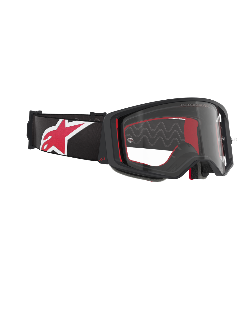 Óculos Alpinestars Supertech Corp, óculos de motocross, pretos, vermelhos e transparentes, vista lateral angular com lente transparente e armação preta, acolchoamento interior vermelho, correia preta com um logótipo Alpinestars grande em vermelho e branco, proteção ocular profissional para off-road