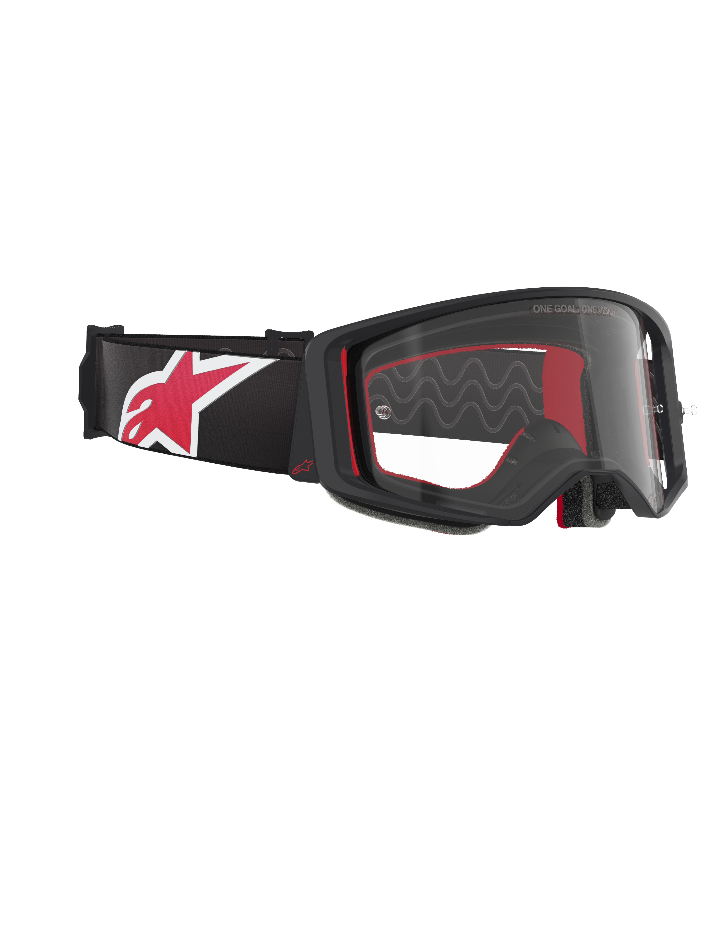 Óculos Alpinestars Supertech Corp, óculos de motocross, pretos, vermelhos e transparentes, vista lateral angular com lente transparente e armação preta, acolchoamento interior vermelho, correia preta com um logótipo Alpinestars grande em vermelho e branco, proteção ocular profissional para off-road