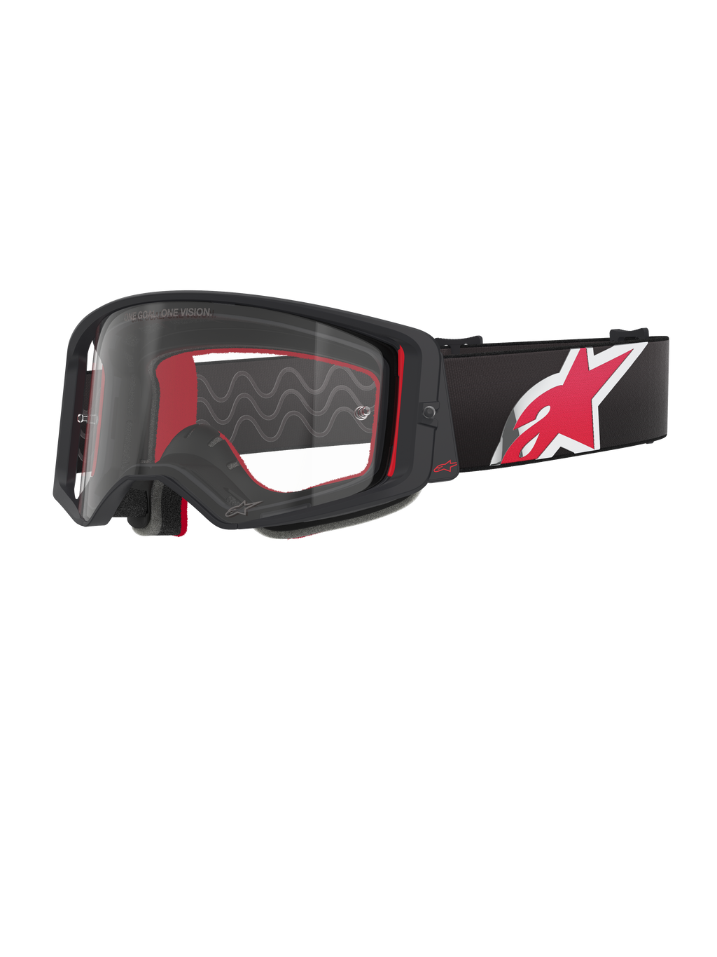 Óculos Alpinestars Supertech Corp, armação preta e vermelha com lente transparente, correia ajustável preta com um logótipo de estrela grande em vermelho e branco, óculos de motocross profissionais concebidos para corridas off-road