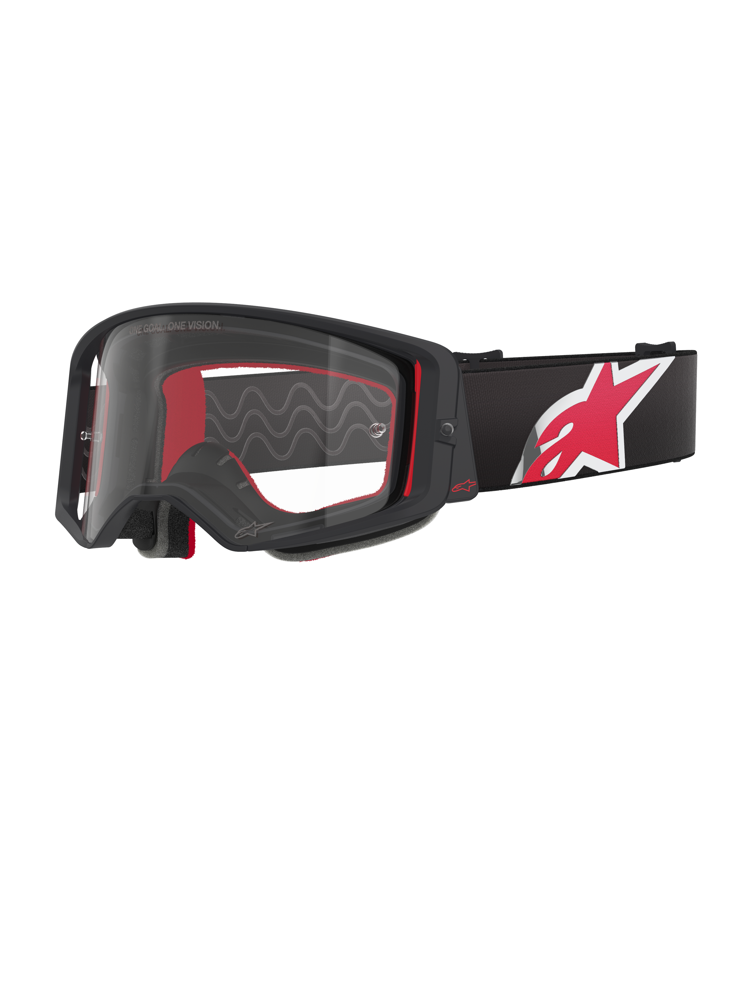 Óculos Alpinestars Supertech Corp, armação preta e vermelha com lente transparente, correia ajustável preta com um logótipo de estrela grande em vermelho e branco, óculos de motocross profissionais concebidos para corridas off-road