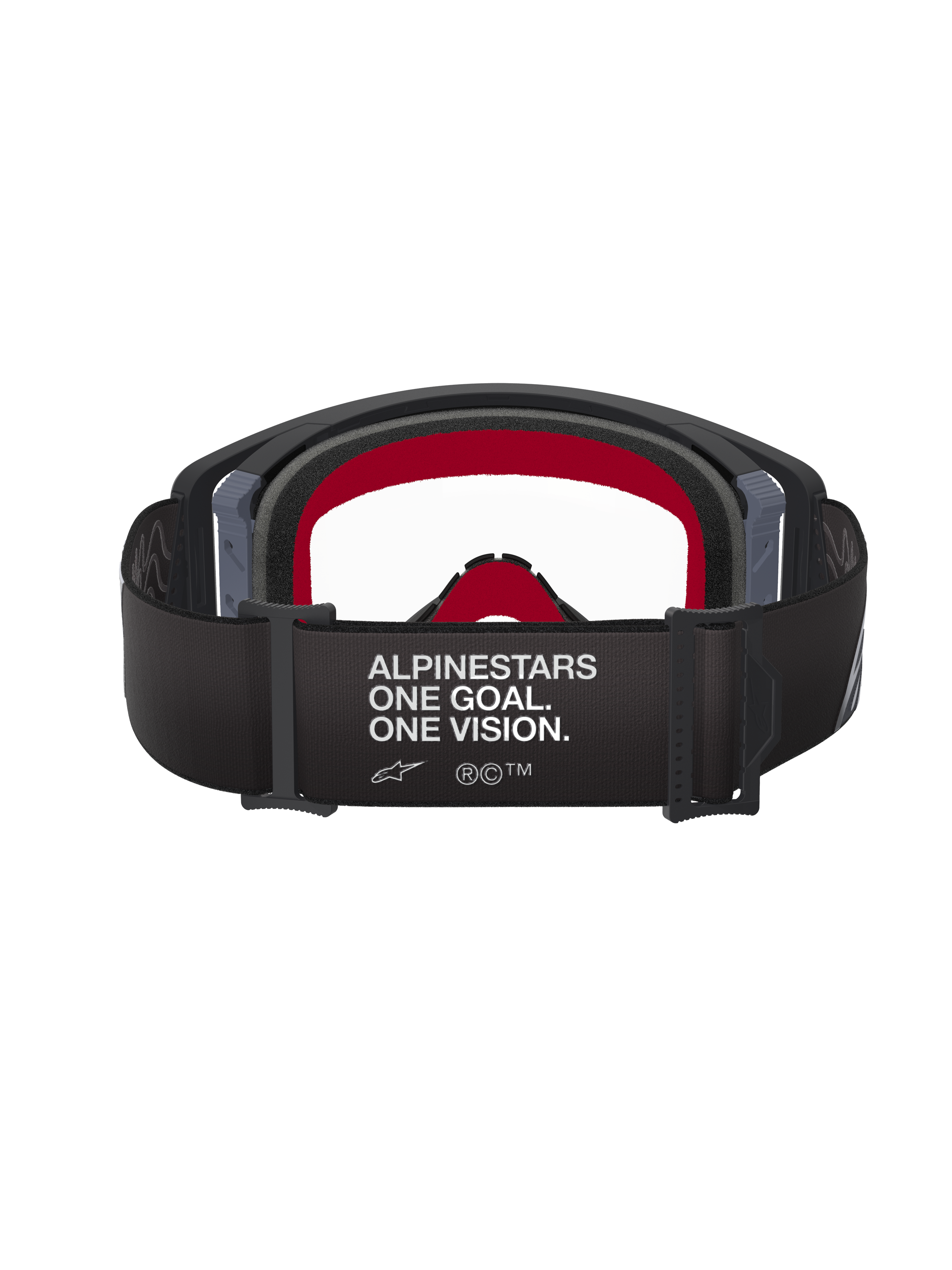 Alpinestars Supertech Corp Goggles, Motocross Goggles, Black and Grey frame with Clear lens, rear view featuring black strap with 'ALPINESTARS ONE GOAL. ONE VISION.' slogan and red internal face foam