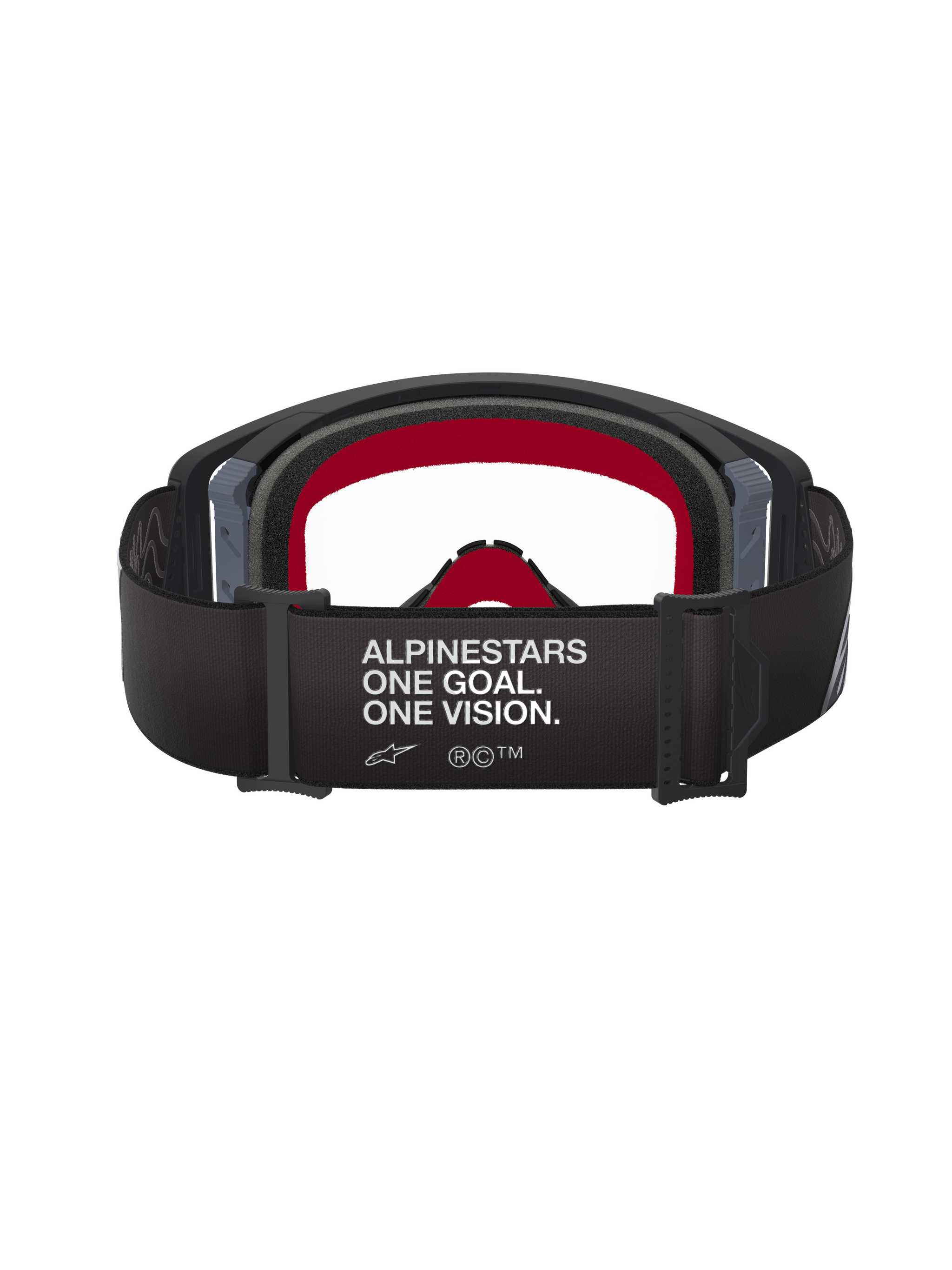 Óculos Alpinestars Supertech Corp, pretos e cinzentos, vista traseira que mostra a correia larga preta com o texto branco 'ALPINESTARS ONE GOAL. ONE VISION.', espuma facial interior vermelha e lente transparente, proteção ocular de alta performance para motocross
