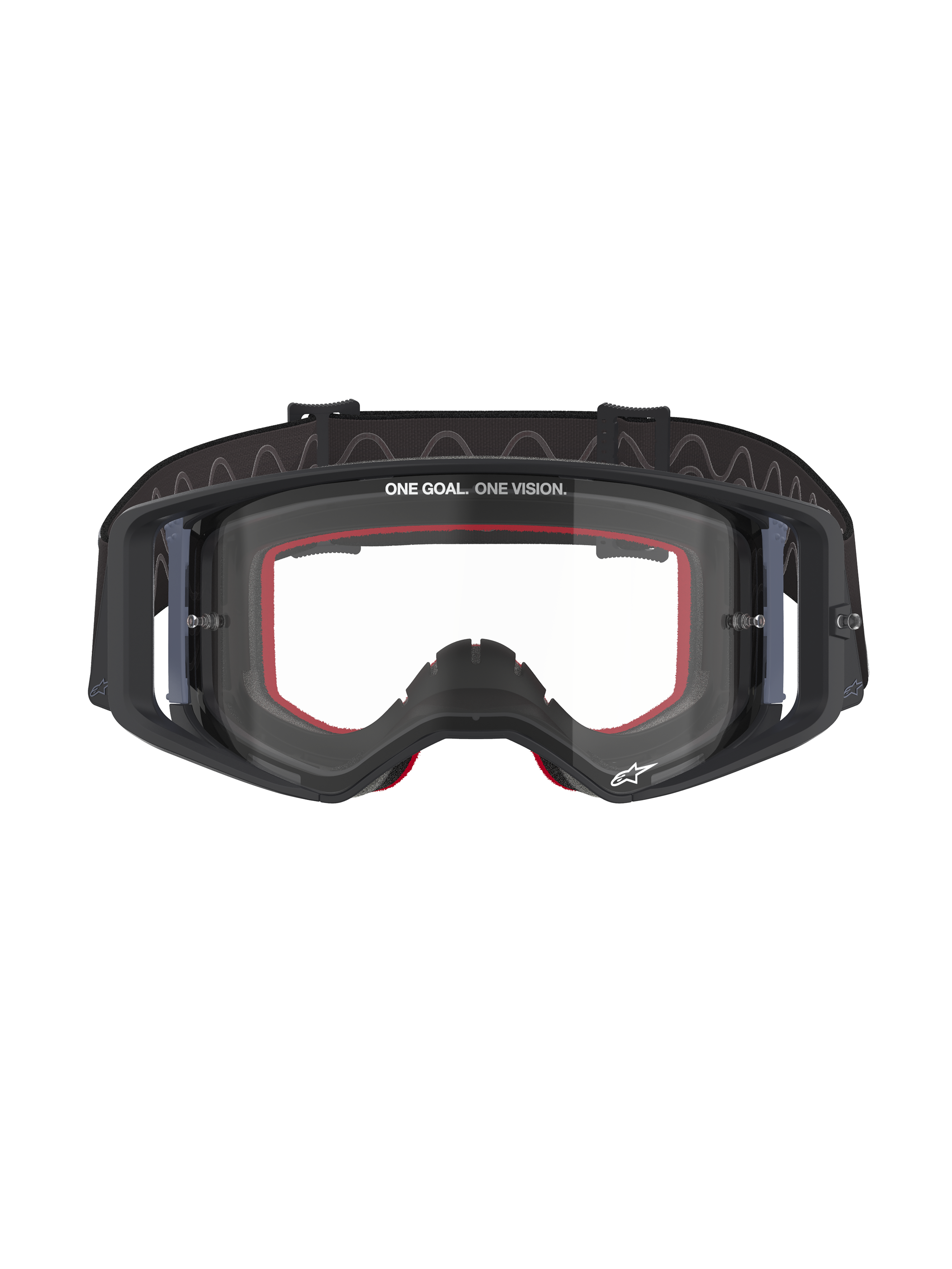 Alpinestars Supertech Corp Goggles, Motocross Goggles, Black frame with Clear lens, featuring red internal face foam, 'ONE GOAL. ONE VISION.' text on the upper lens, and black silicone-backed strap, professional off-road racing eyewear