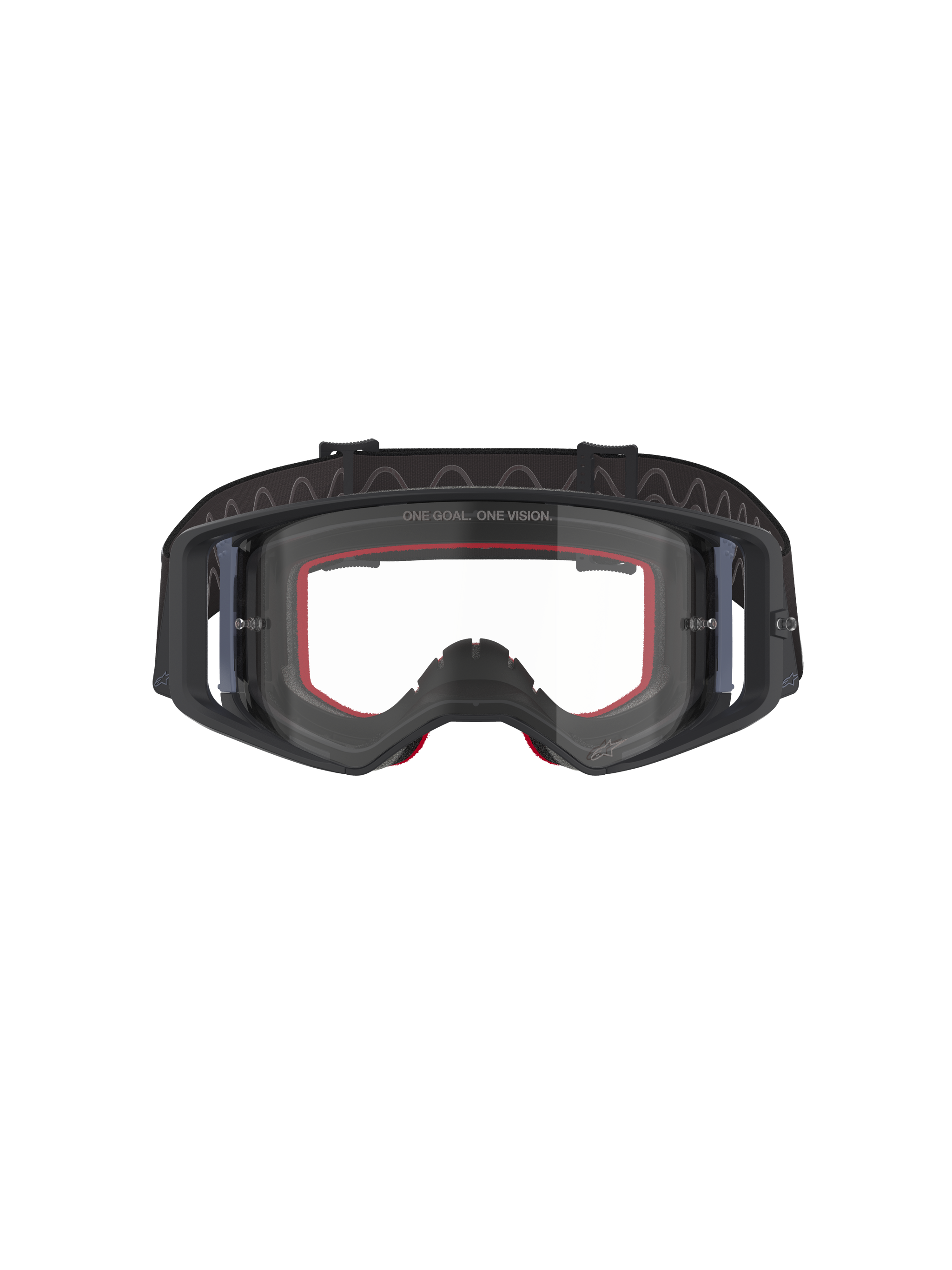 Óculos Alpinestars Supertech Corp, óculos de motocross, pretos e cinzentos com lente transparente, vista frontal com espuma interior vermelha e correia ajustável preta larga, óculos de alto desempenho para off-road
