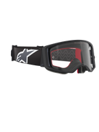 Alpinestars Supertech Corp Goggles, Motocross Goggles, Black Grey Clear, featuring a clear polycarbonate lens, wide black strap with a grey and white Astars logo, 3D molded face foam, high-performance protective eyewear for off-road racing