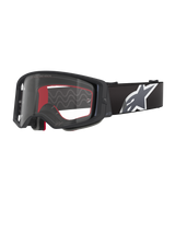 Óculos Alpinestars Supertech Corp, óculos de motocross, preto, cinzento e transparente, lente de policarbonato transparente com armação preta, espuma facial interna vermelha, correia larga ajustável com logótipo Astars grande em branco e cinzento, óculos de proteção para off-road