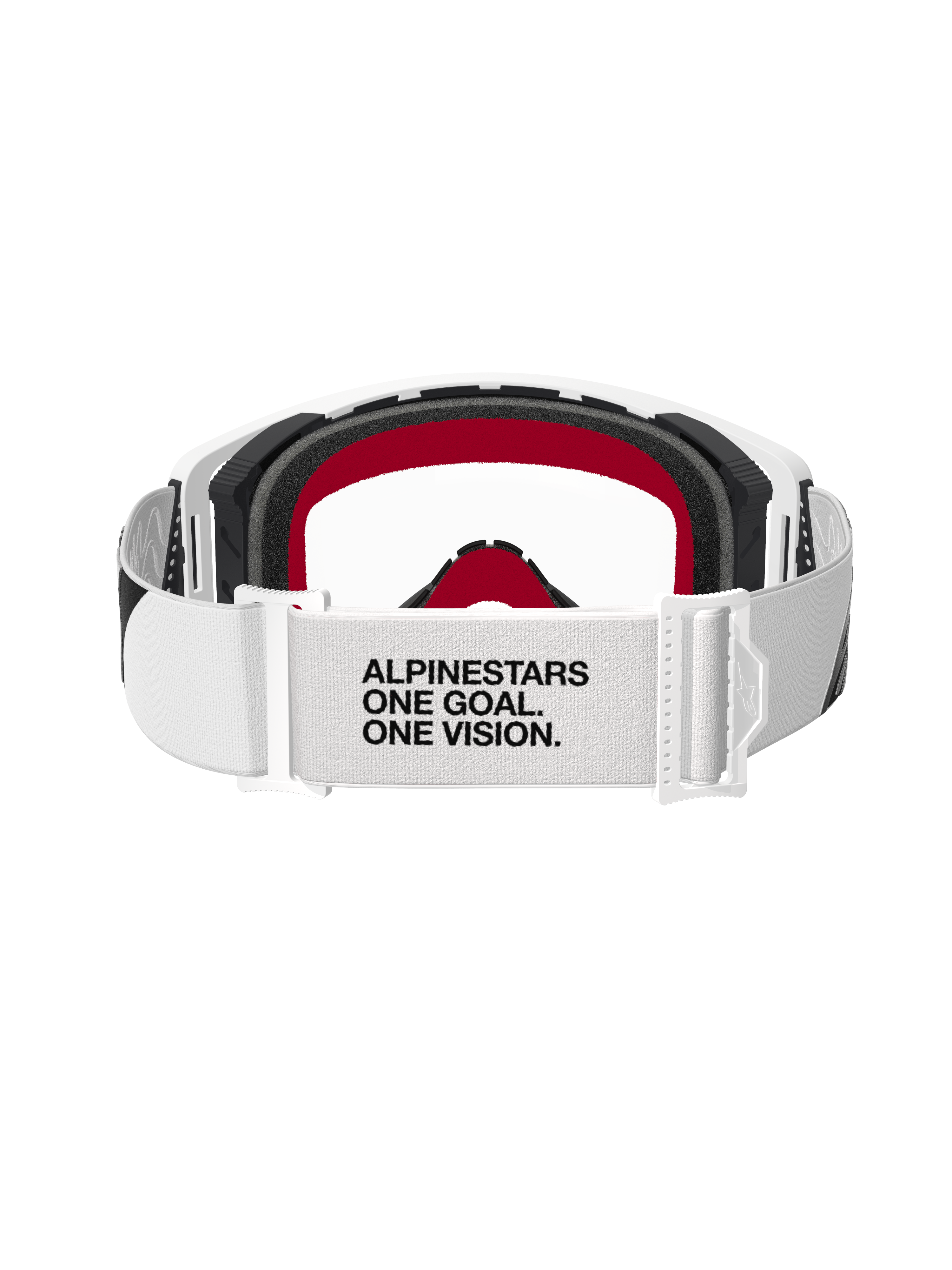 Óculos Alpinestars Supertech Corp, óculos de motocross, armação branca com lente transparente, vista traseira com fita ajustável branca e texto preto 'ALPINESTARS ONE GOAL. ONE VISION.', espuma preta com detalhes vermelhos, proteção ocular de alta performance para off-road