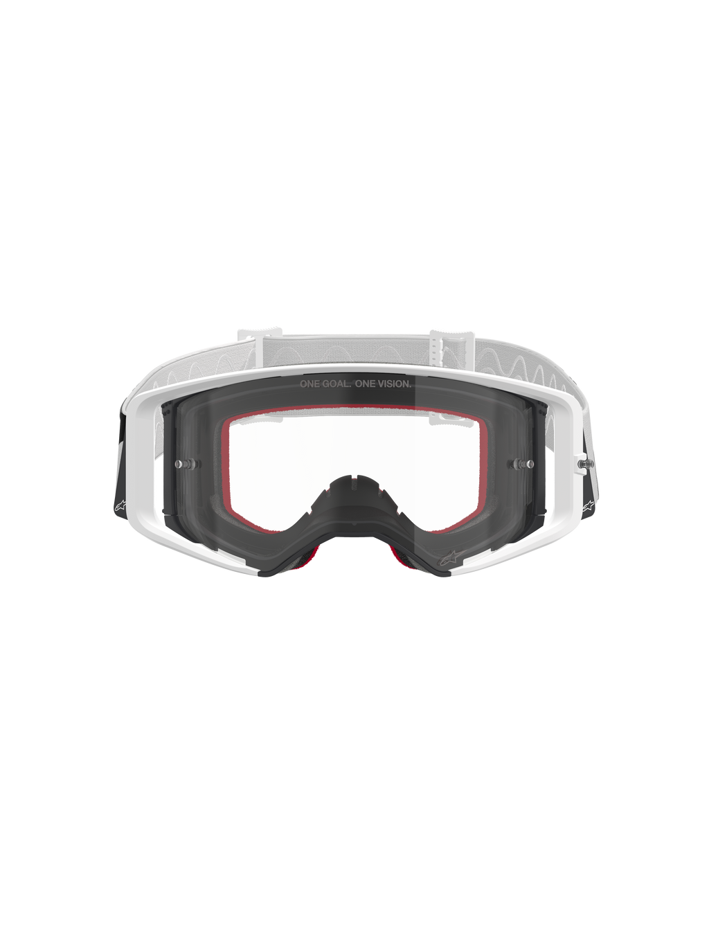 Alpinestars Supertech Corp Goggles, óculos de motocross, brancos com lente transparente, correia ajustável branca e cinzenta clara, com o texto 'ONE GOAL. ONE VISION.' na lente, detalhes vermelhos na espuma facial, equipamento de proteção de alta performance para corridas off-road