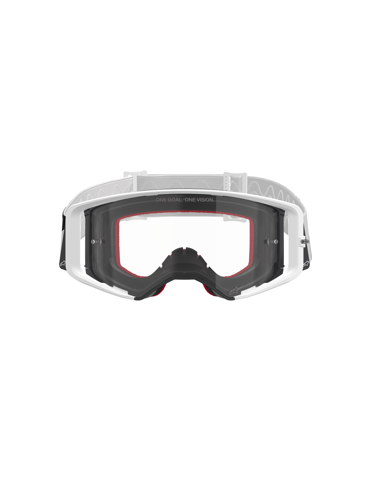 Alpinestars Supertech Corp Goggles, óculos de motocross, brancos com lente transparente, correia ajustável branca e cinzenta clara, com o texto 'ONE GOAL. ONE VISION.' na lente, detalhes vermelhos na espuma facial, equipamento de proteção de alta performance para corridas off-road