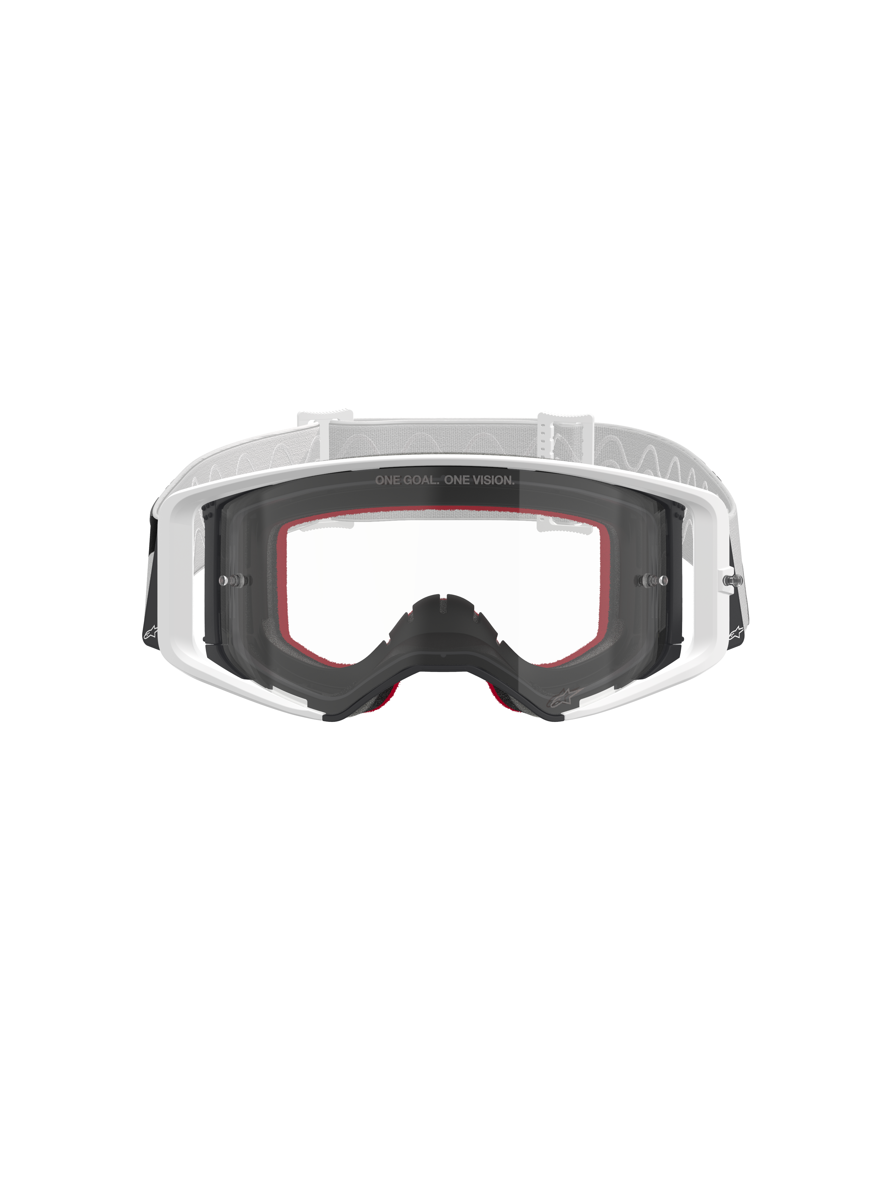 Alpinestars Supertech Corp Goggles, óculos de motocross, brancos com lente transparente, correia ajustável branca e cinzenta clara, com o texto 'ONE GOAL. ONE VISION.' na lente, detalhes vermelhos na espuma facial, equipamento de proteção de alta performance para corridas off-road