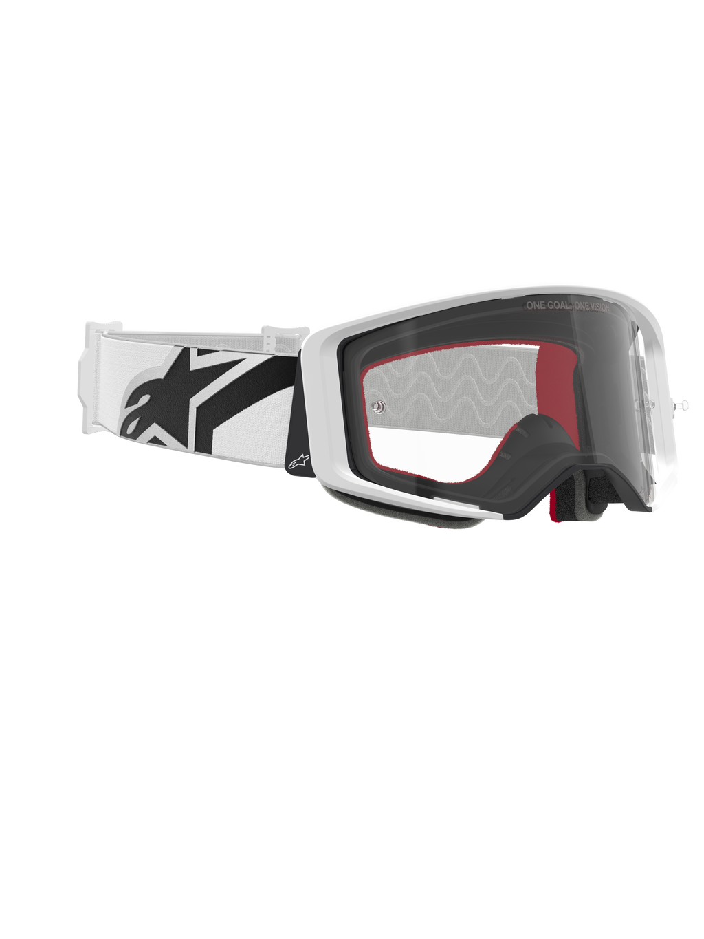 Óculos Alpinestars Supertech Corp, óculos de motocross, brancos e transparentes, correia branca com logótipo Alpinestars grande em preto, lente injetada transparente, estrutura de dupla injeção branca, óculos de alta performance para corridas off-road