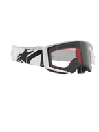 Óculos Alpinestars Supertech Corp, óculos de motocross, brancos e transparentes, correia branca com logótipo Alpinestars grande em preto, lente injetada transparente, estrutura de dupla injeção branca, óculos de alta performance para corridas off-road