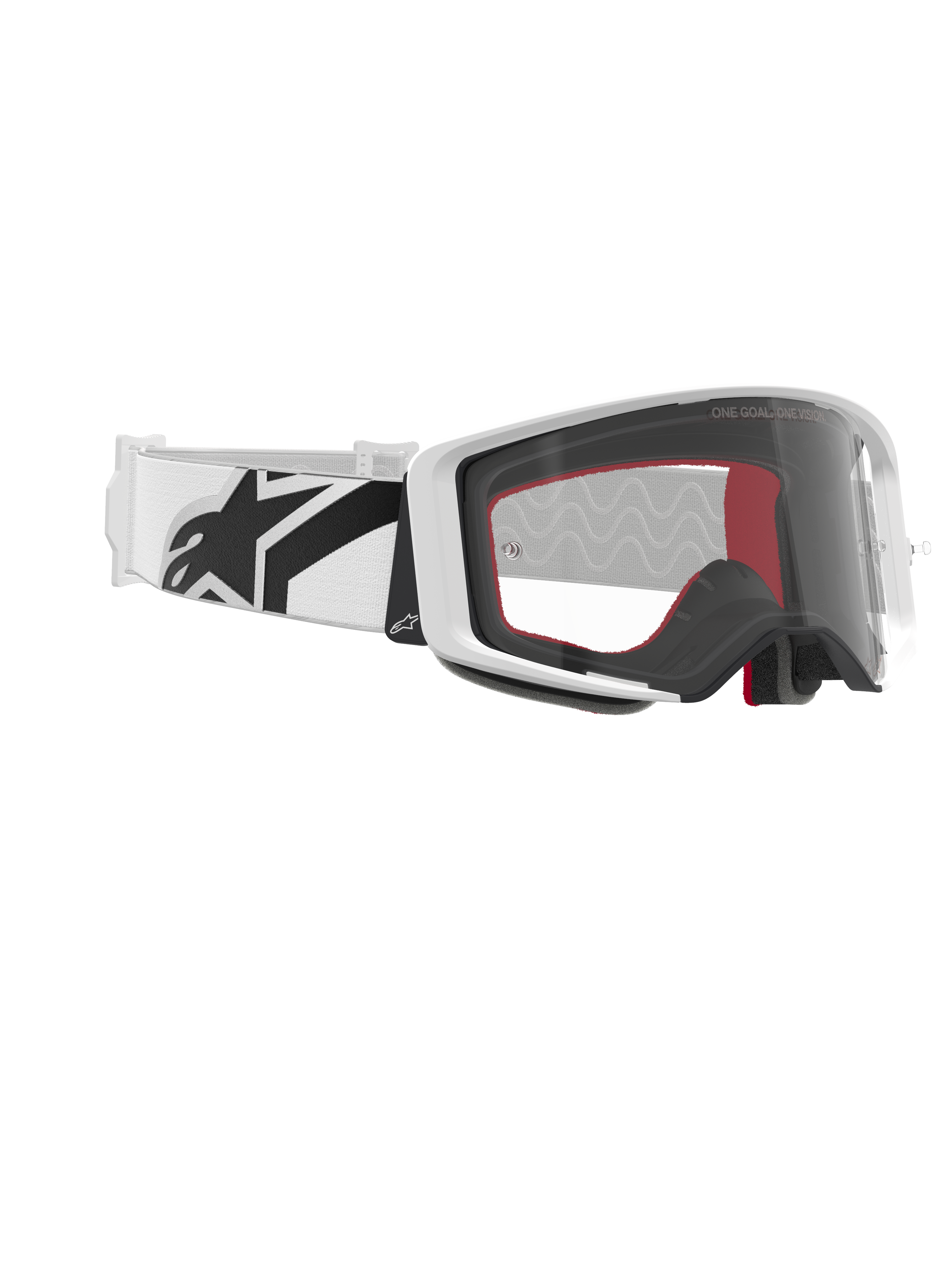 Óculos Alpinestars Supertech Corp, óculos de motocross, brancos e transparentes, correia branca com logótipo Alpinestars grande em preto, lente injetada transparente, estrutura de dupla injeção branca, óculos de alta performance para corridas off-road
