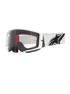 Alpinestars Supertech Corp Goggles, óculos de motocross, brancos e transparentes, armação branca com lente de policarbonato transparente, correia branca com logótipo Alpinestars preto em destaque, espuma facial de várias camadas em vermelho e preto