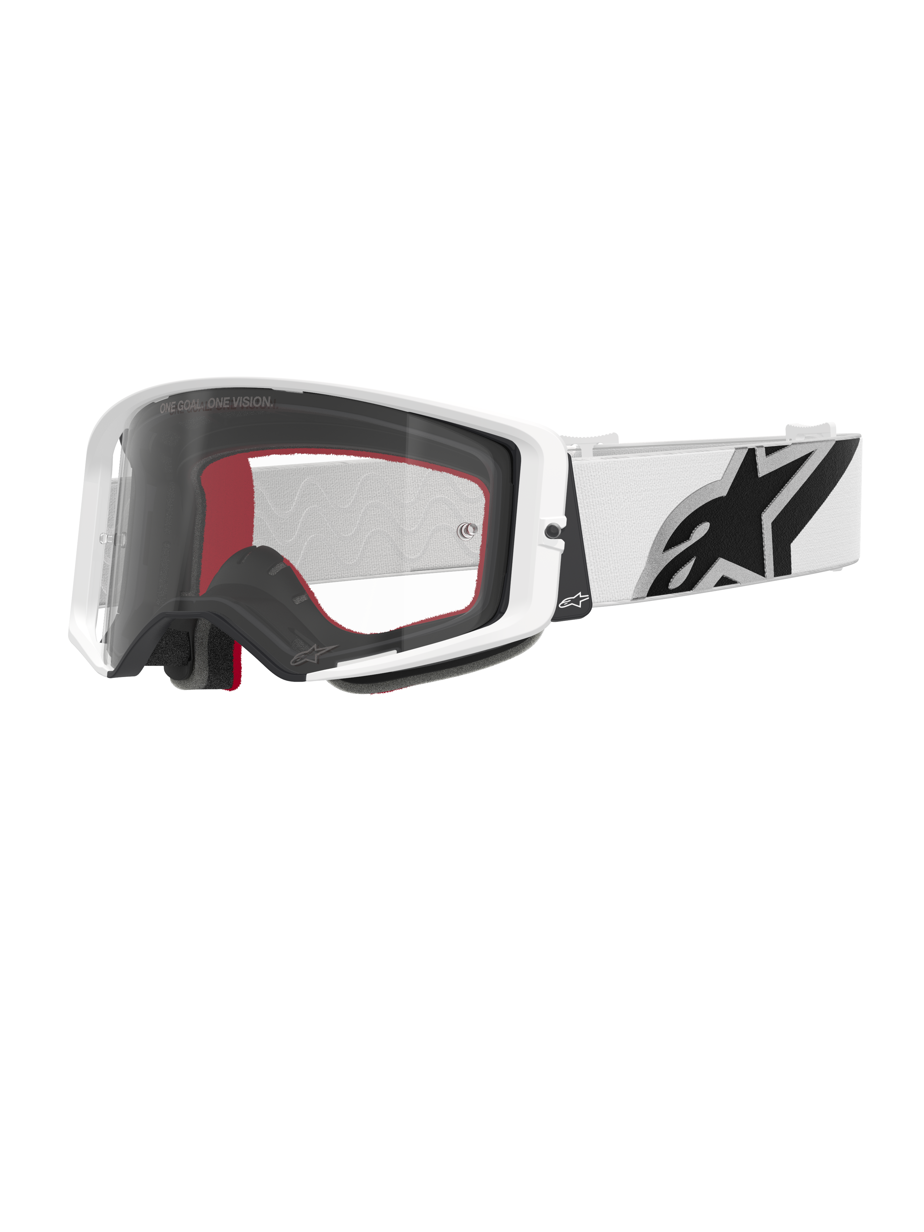 Alpinestars Supertech Corp Goggles, óculos de motocross, brancos e transparentes, armação branca com lente de policarbonato transparente, correia branca com logótipo Alpinestars preto em destaque, espuma facial de várias camadas em vermelho e preto