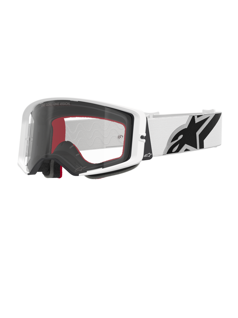 Alpinestars Supertech Corp Goggles, óculos de motocross, brancos e transparentes, armação branca com lente de policarbonato transparente, correia branca com logótipo Alpinestars preto em destaque, espuma facial de várias camadas em vermelho e preto
