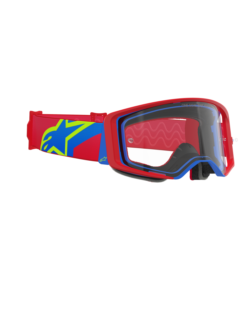 Alpinestars Supertech Corp Goggles, Motocross Goggles, Red and Blue frame with a Clear lens, Red and Blue strap featuring a large yellow and blue star logo, professional eye protection for off-road racing