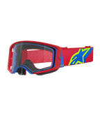 Alpinestars Supertech Corp Goggles, Motocross Goggles, Red and Blue with Clear Lens, featuring a red adjustable strap with a large blue and lime green star logo, multi-layer face foam for comfort, high-performance eye protection for off-road racing