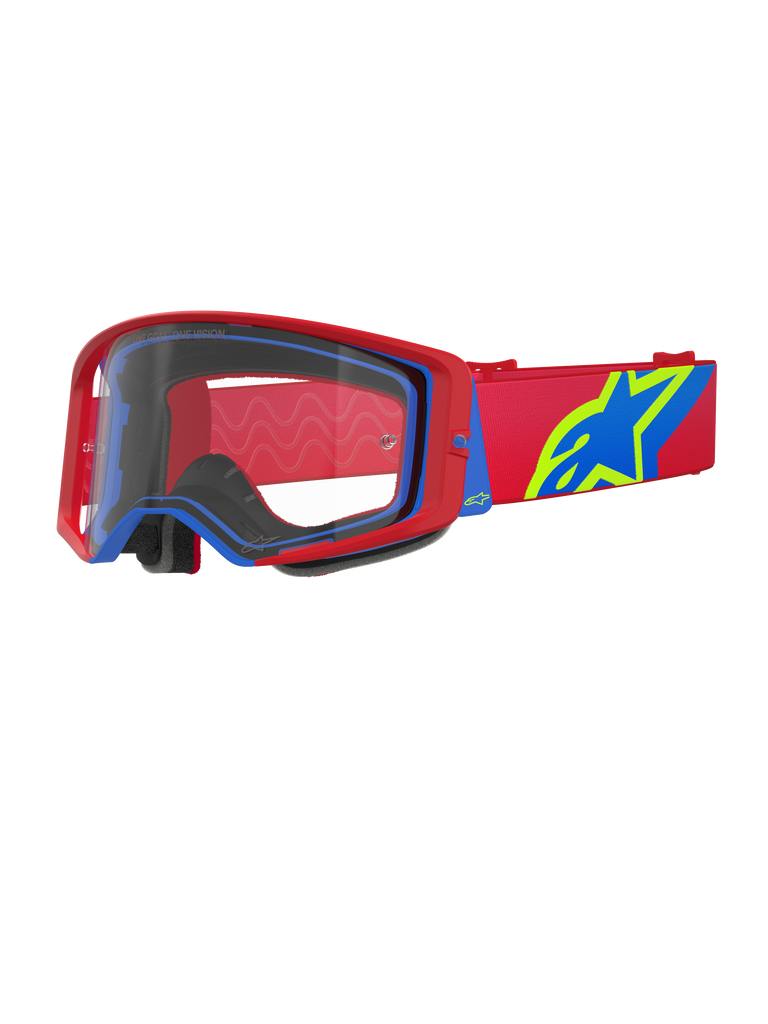 Óculos Alpinestars Supertech Corp, óculos de motocross, vermelhos e azuis com lente transparente, com correia ajustável vermelha com um grande logótipo de estrela azul e verde lima, espuma facial de várias camadas para conforto, proteção ocular de alto desempenho para corridas todo-o-terreno