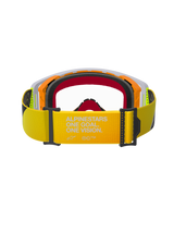 Óculos Alpinestars Supertech Corp, óculos de motocross, amarelo néon e cinzento, vista traseira destacando a correia amarela com a marca 'ALPINESTARS ONE GOAL. ONE VISION.' em branco, espuma facial multicamada e design de armação durável para corridas off-road