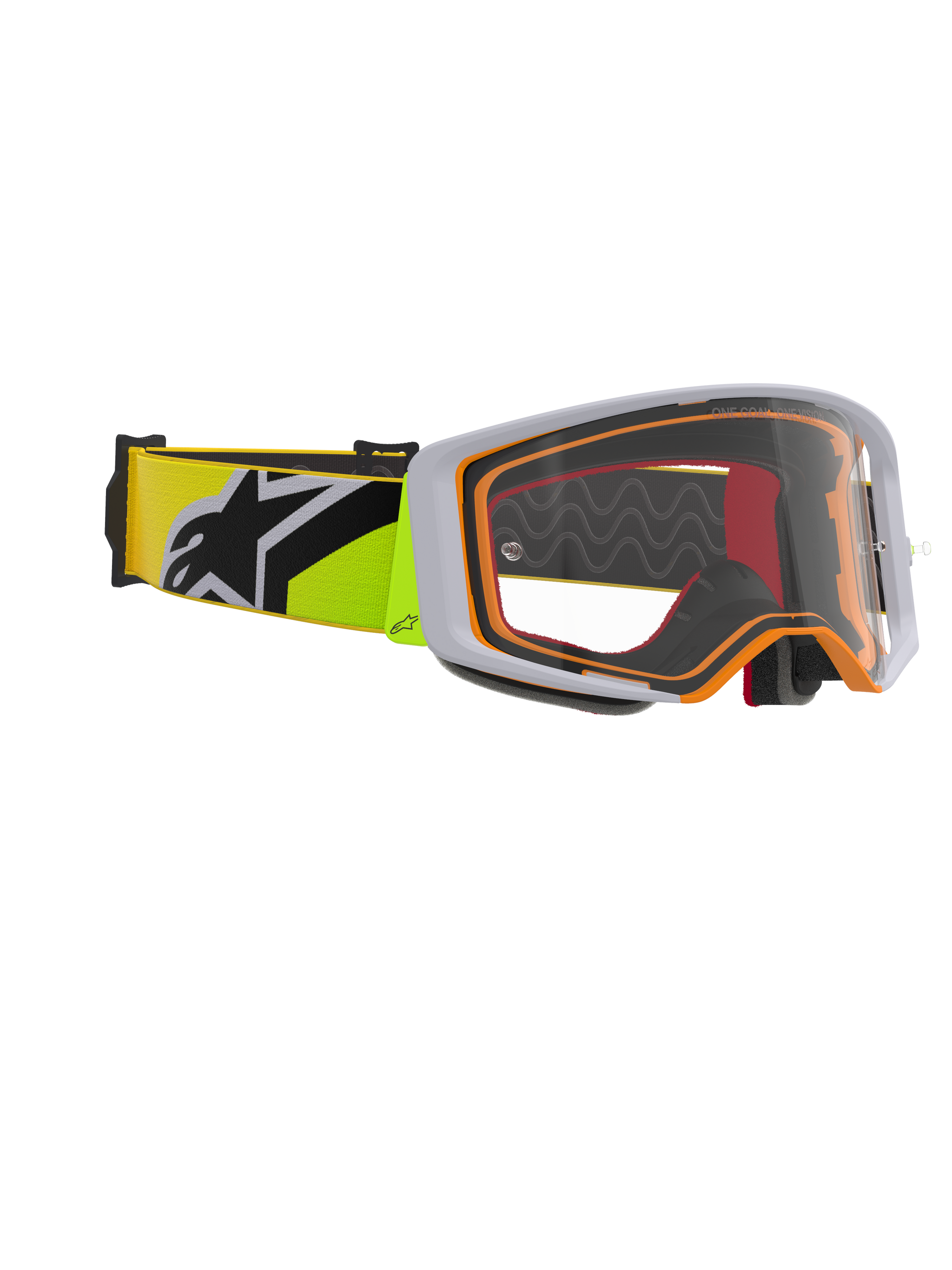 Óculos Alpinestars Supertech Corp, óculos de motocross, amarelo néon e cinzento, lente transparente com detalhes cor de laranja na armação, com fita amarelo néon e logótipo Alpinestars preto, para competições de off-road