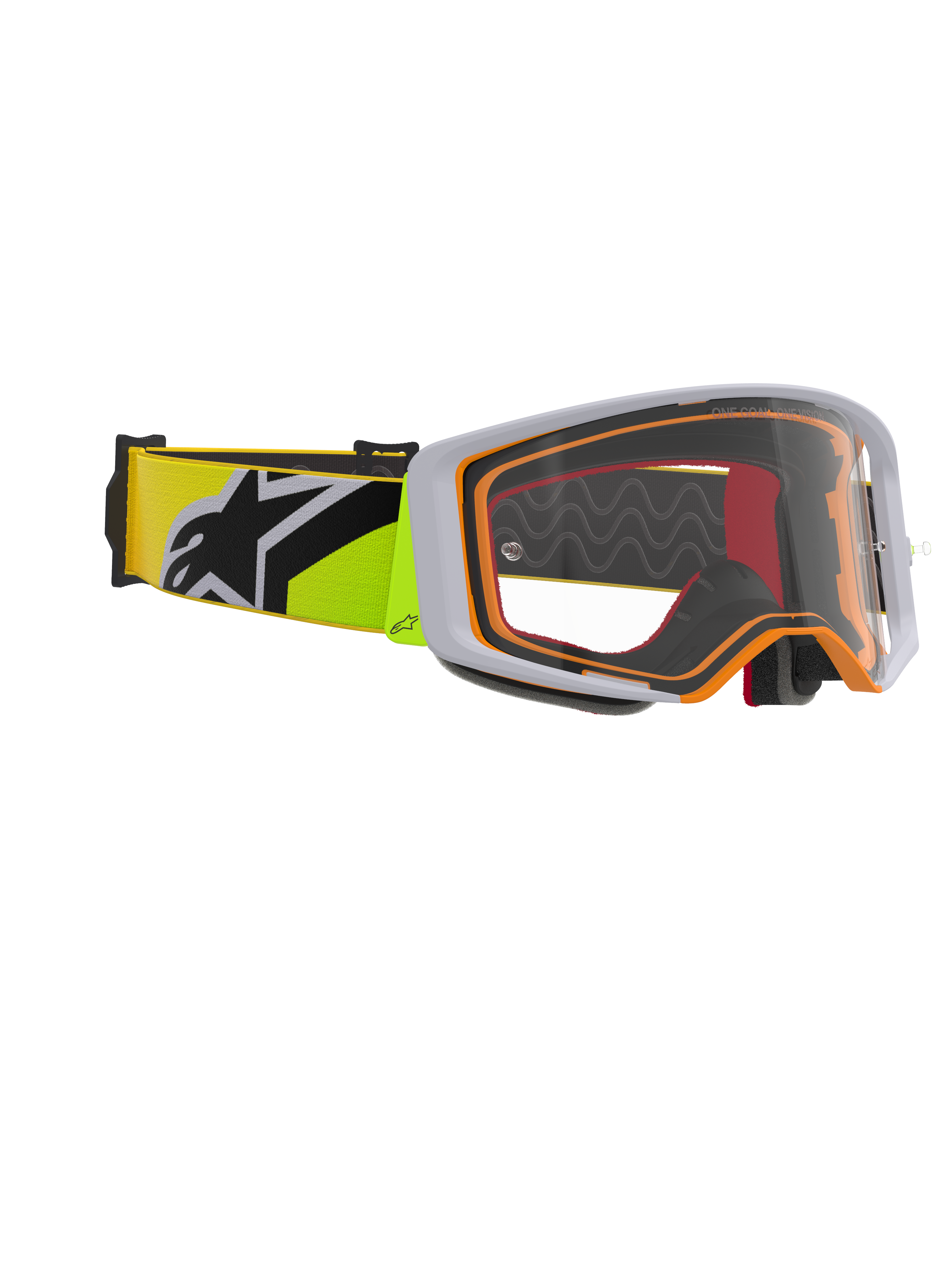 Alpinestars Supertech Corp Goggles, Motocross Goggles, Fluo Yellow and Grey, clear lens with orange frame accents, featuring a fluo yellow strap with a black Alpinestars logo for off-road racing.