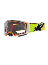 Alpinestars Supertech Corp Goggles, óculos de motocross, amarelo néon, cinzento e transparente, armação exterior cinzenta com vedação interior laranja, lente transparente, correia amarela vibrante com logótipo Alpinestars a preto e branco, óculos de alto desempenho para corridas off-road