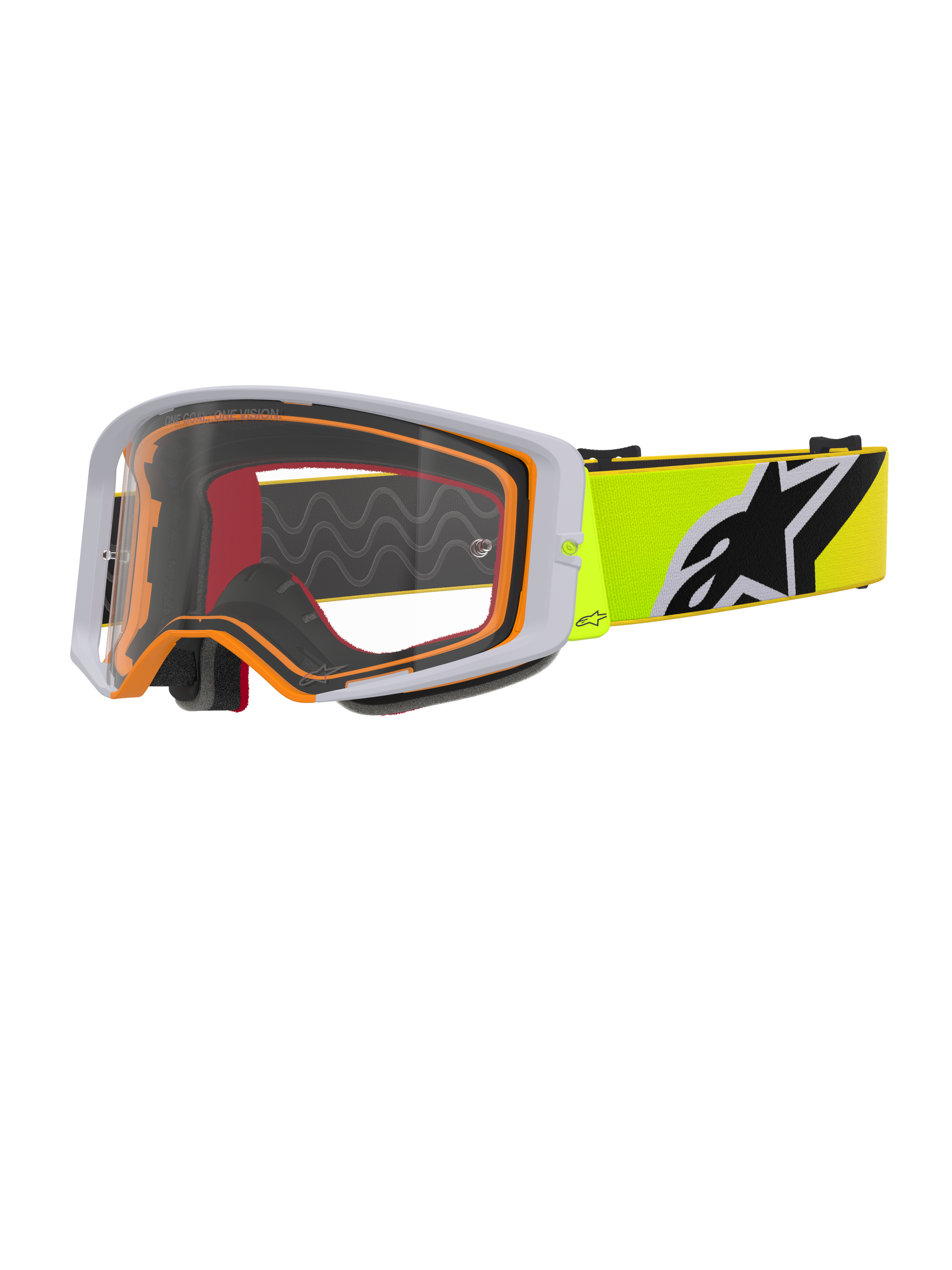 Alpinestars Supertech Corp Goggles, óculos de motocross, amarelo néon, cinzento e transparente, armação exterior cinzenta com vedação interior laranja, lente transparente, correia amarela vibrante com logótipo Alpinestars a preto e branco, óculos de alto desempenho para corridas off-road