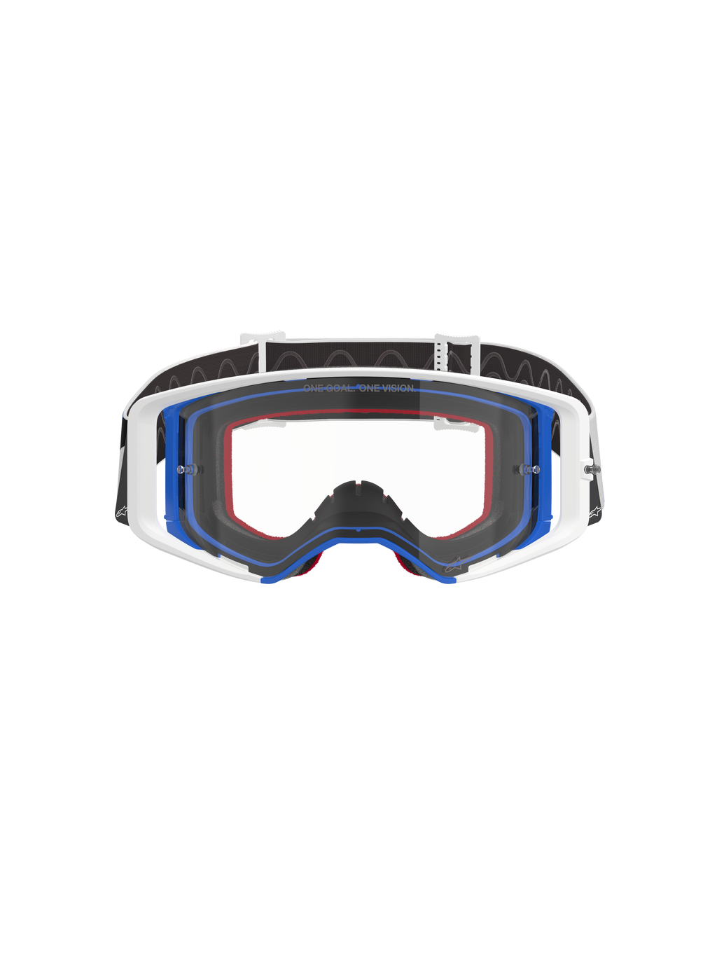 Óculos Alpinestars Supertech Corp, óculos de motocross, azul, branco e laranja com lente transparente, fita preta com logótipo branco, óculos profissionais para corridas off-road com amplo campo de visão e design de armação de dupla injeção