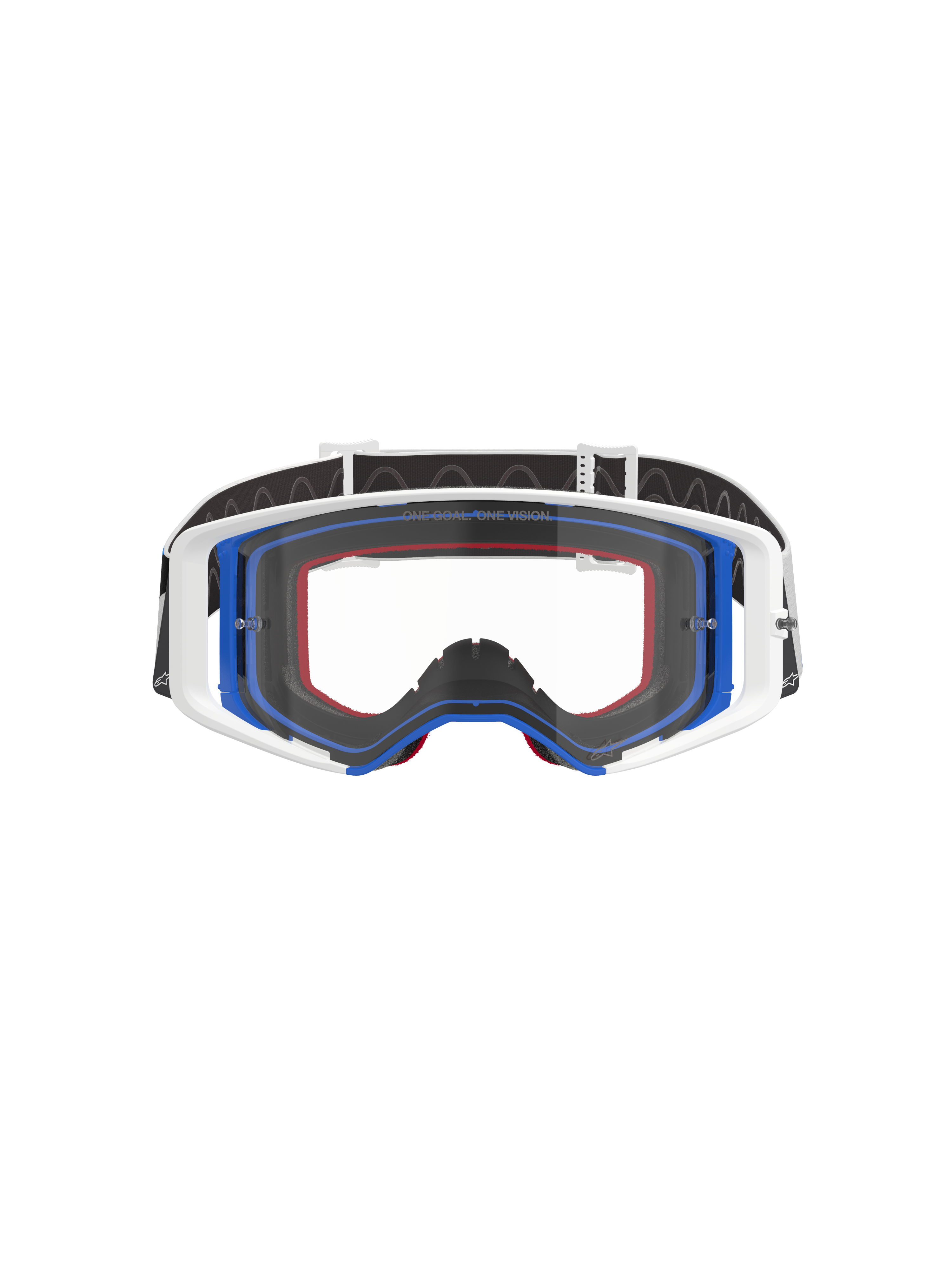 Óculos Alpinestars Supertech Corp, óculos de motocross, azul, branco e laranja com lente transparente, fita preta com logótipo branco, óculos profissionais para corridas off-road com amplo campo de visão e design de armação de dupla injeção