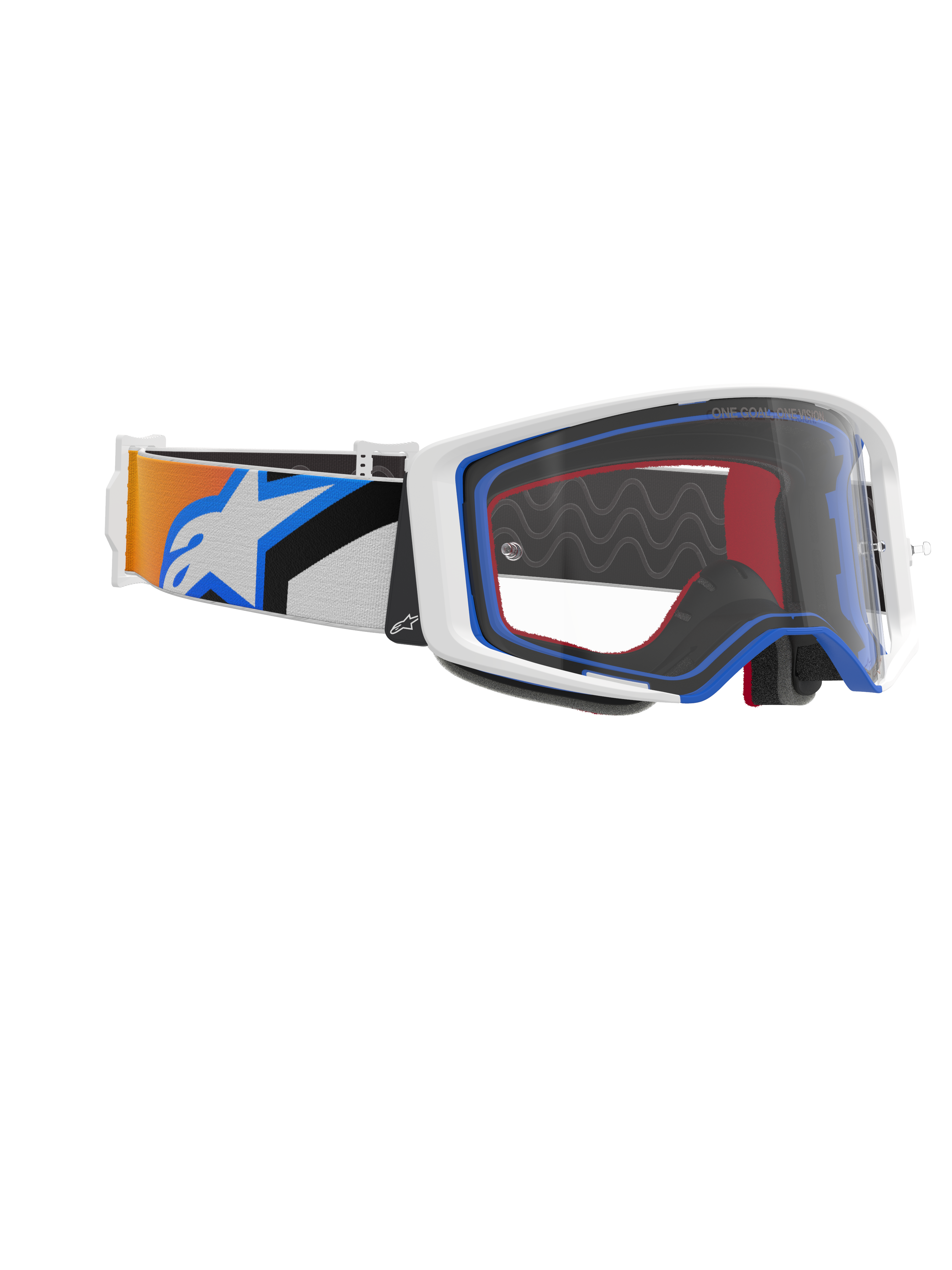 Óculos Alpinestars Supertech Corp, óculos de motocross, azul, laranja e transparente, vista lateral com lente transparente, armação branca com detalhes em azul e vermelho, correia larga com grafismos em laranja e azul e logótipo Alpinestars grande em branco