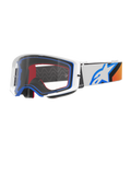 Óculos Alpinestars Supertech Corp, óculos de motocross, azuis, cor de laranja e brancos, lente transparente com armação branca e detalhes azuis, correia larga com o logótipo da estrela Alpinestars e aderência de silicone, proteção ocular de alta performance para corridas off-road