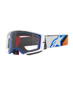 Óculos Alpinestars Supertech Corp, óculos de motocross, azuis, cor de laranja e brancos, lente transparente com armação branca e detalhes azuis, correia larga com o logótipo da estrela Alpinestars e aderência de silicone, proteção ocular de alta performance para corridas off-road