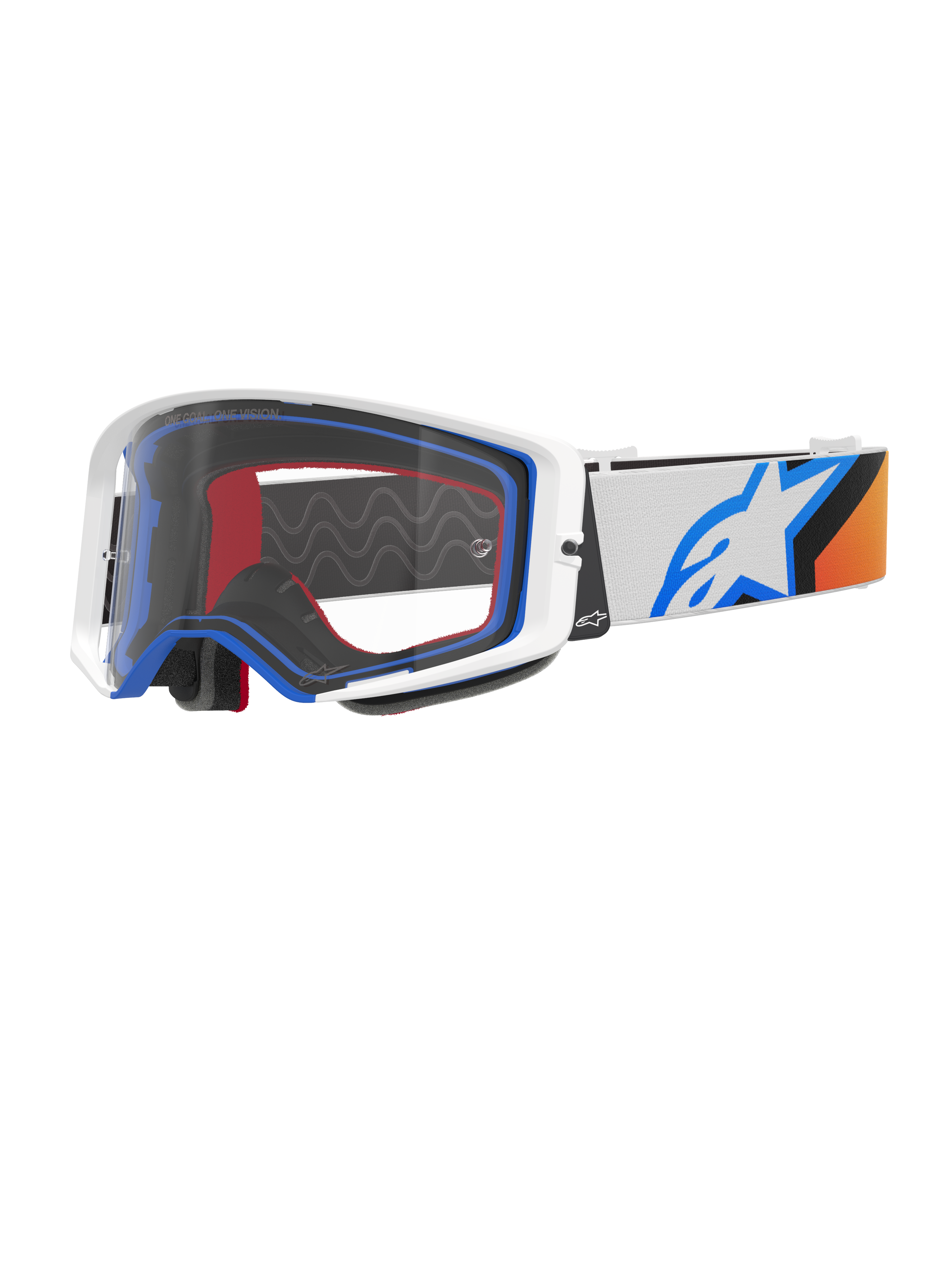 Óculos Alpinestars Supertech Corp, óculos de motocross, azuis, cor de laranja e brancos, lente transparente com armação branca e detalhes azuis, correia larga com o logótipo da estrela Alpinestars e aderência de silicone, proteção ocular de alta performance para corridas off-road