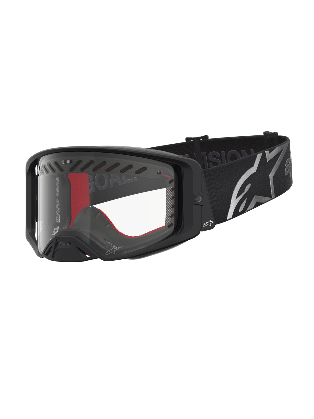 Alpinestars Supertech Dura Air Fluid, óculos de motocross pretos e prateados com lente transparente e fita com logótipo.