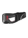 Alpinestars Supertech Dura Air Fluid Goggles for motocross racing, black and silver with clear lens and wide logo strap.