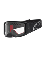 Alpinestars Supertech Dura Air Fluid, óculos de motocross pretos e prateados com lente transparente e fita com logótipo.