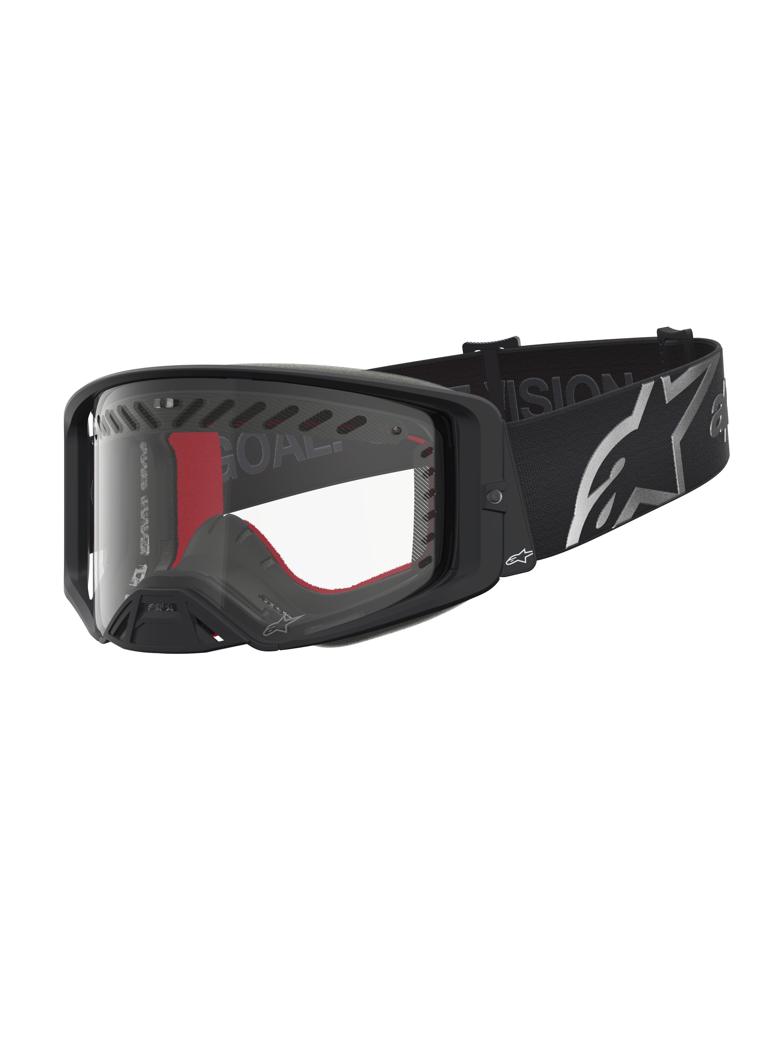 Alpinestars Supertech Dura Air Fluid, óculos de motocross pretos e prateados com lente transparente e fita com logótipo.