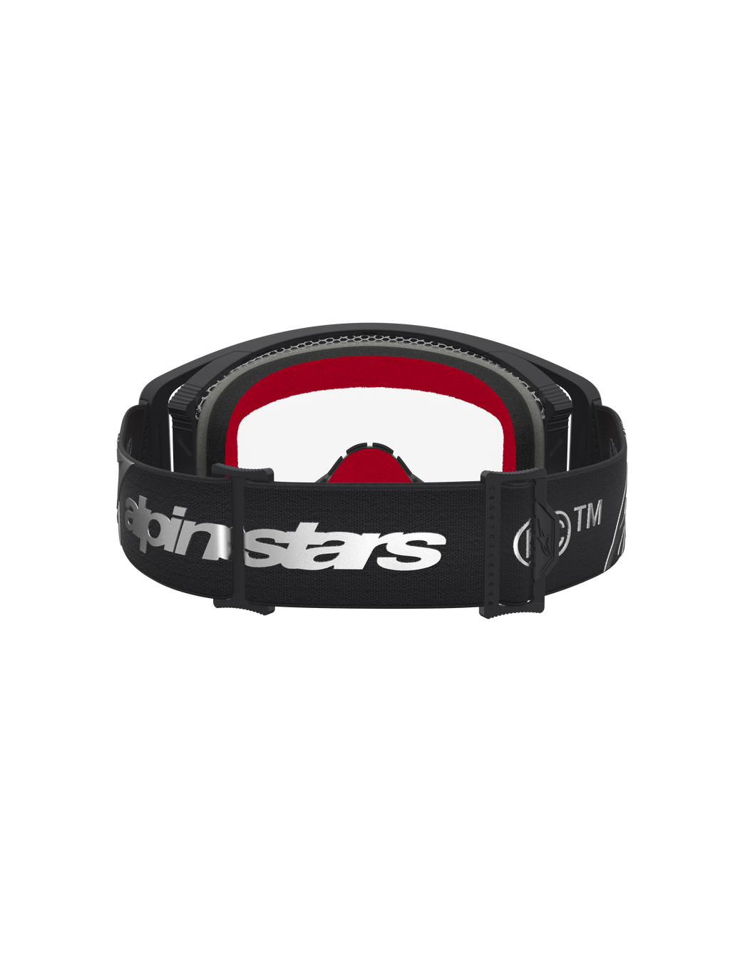Alpinestars Óculos Supertech Dura Air Fluid, óculos de motocross pretos e prateados, lente transparente e interior vermelho.