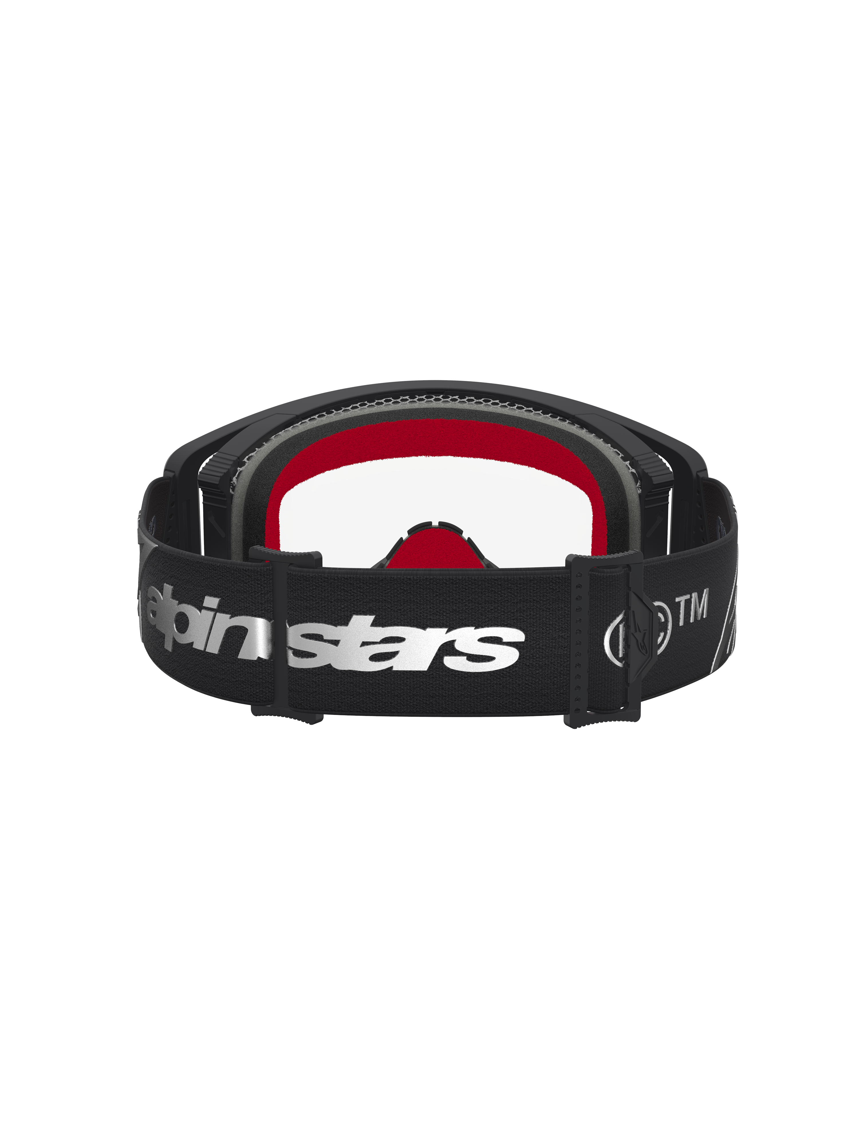 Alpinestars Óculos Supertech Dura Air Fluid, óculos de motocross pretos e prateados, lente transparente e interior vermelho.