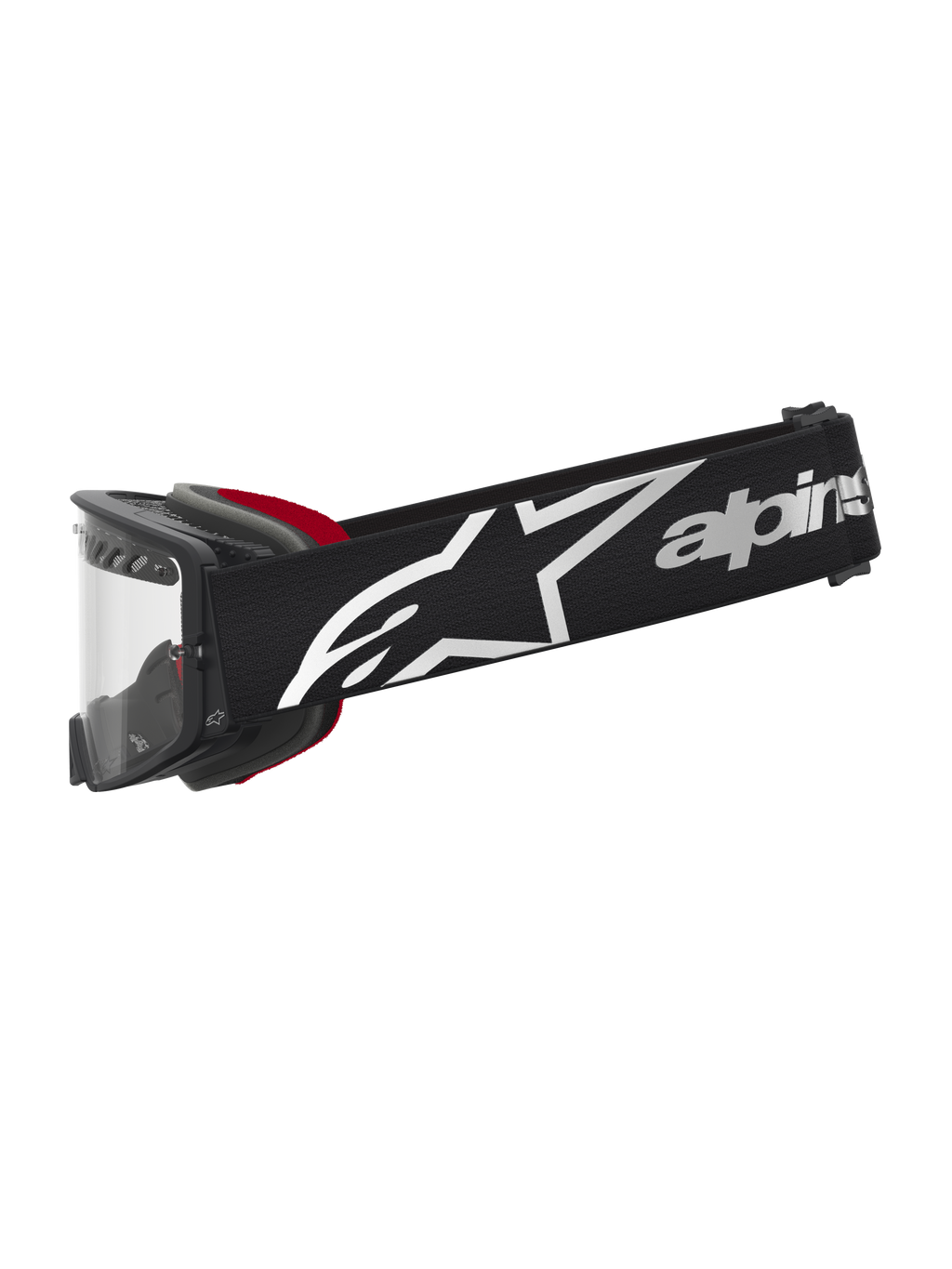 Alpinestars Supertech Dura Air Fluid, óculos de motocross pretos e vermelhos com lente transparente e logótipo branco.