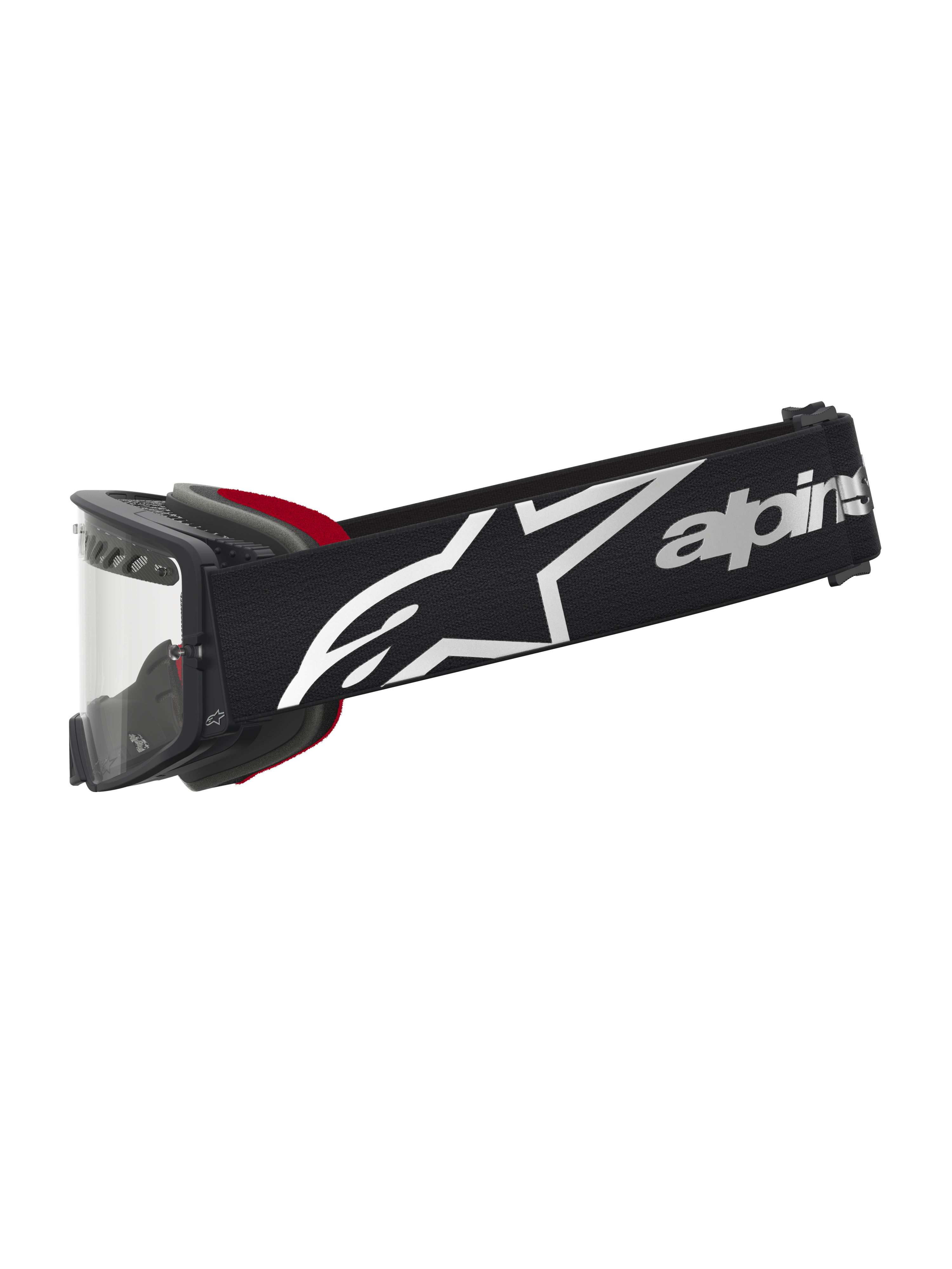 Alpinestars Supertech Dura Air Fluid, óculos de motocross pretos e vermelhos com lente transparente e logótipo branco.