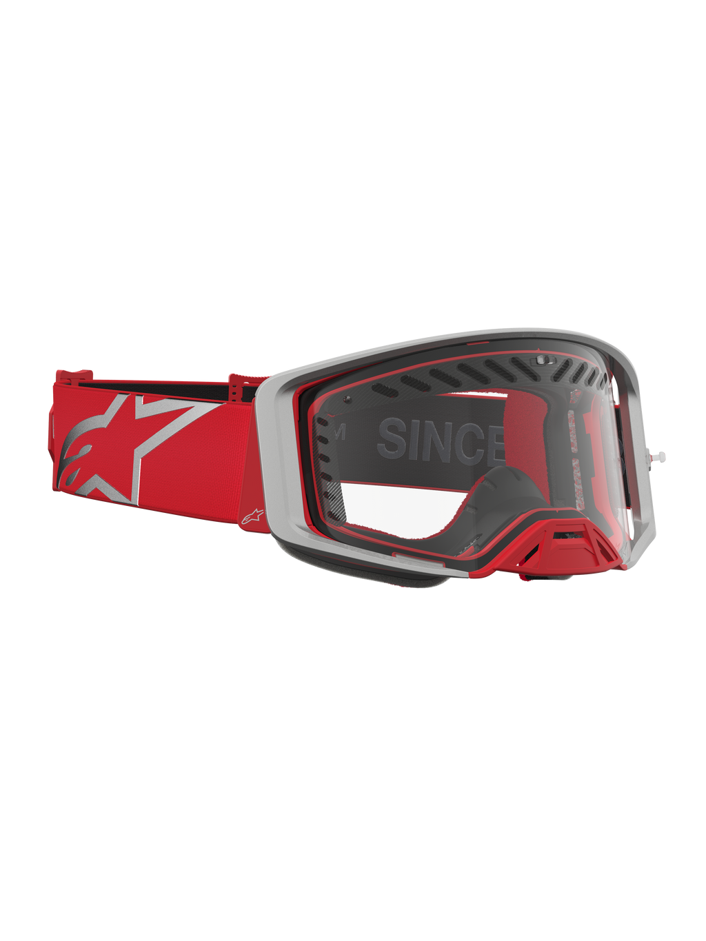 Óculos Alpinestars Supertech Dura Air Fluid, óculos de motocross para todo-o-terreno, vermelhos e prateados, com lente transparente e ventilação avançada.