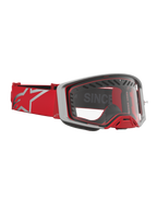 Óculos Alpinestars Supertech Dura Air Fluid, óculos de motocross para todo-o-terreno, vermelhos e prateados, com lente transparente e ventilação avançada.