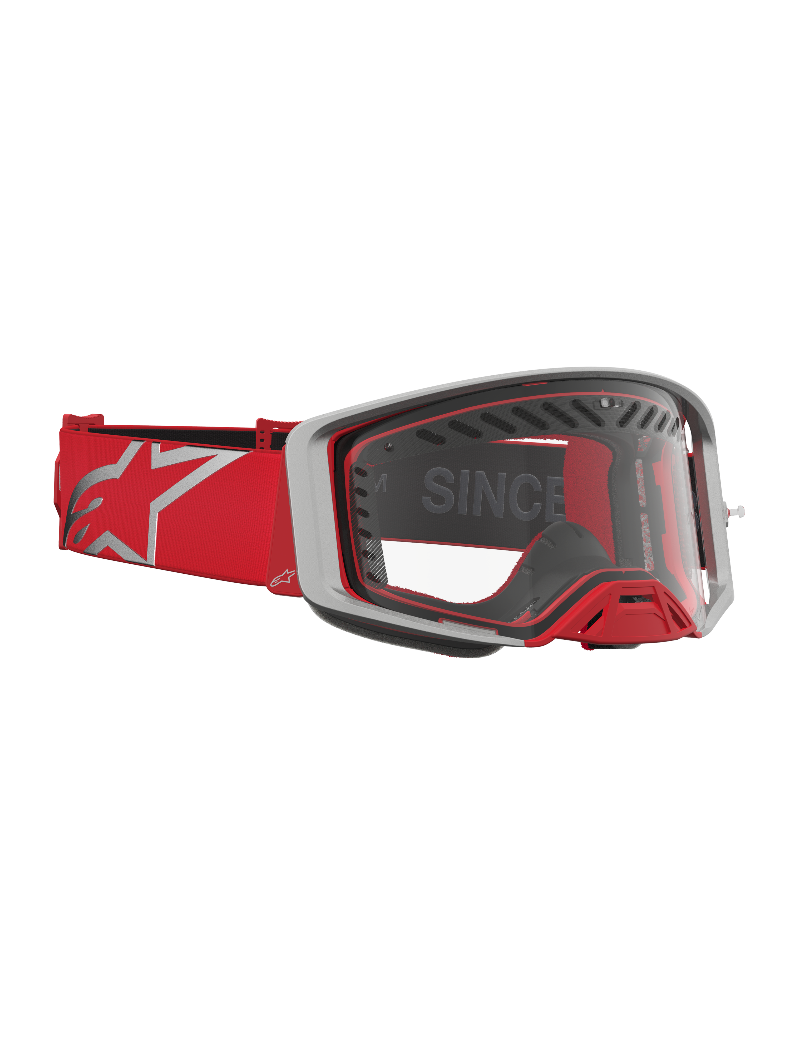 Óculos Alpinestars Supertech Dura Air Fluid, óculos de motocross para todo-o-terreno, vermelhos e prateados, com lente transparente e ventilação avançada.