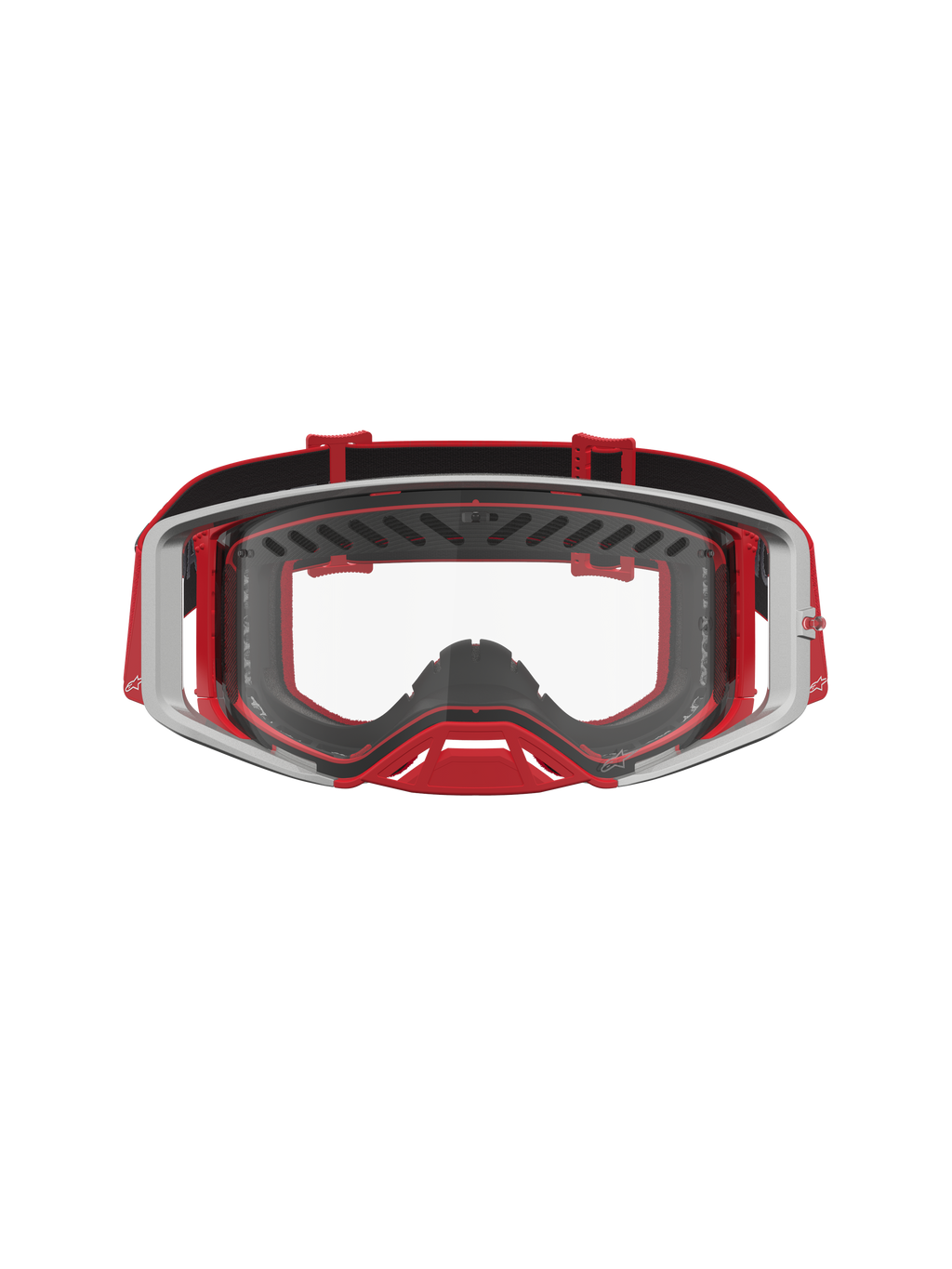 Alpinestars Supertech Dura Air Fluid, óculos de motocross vermelhos e prateados, lente de policarbonato transparente.