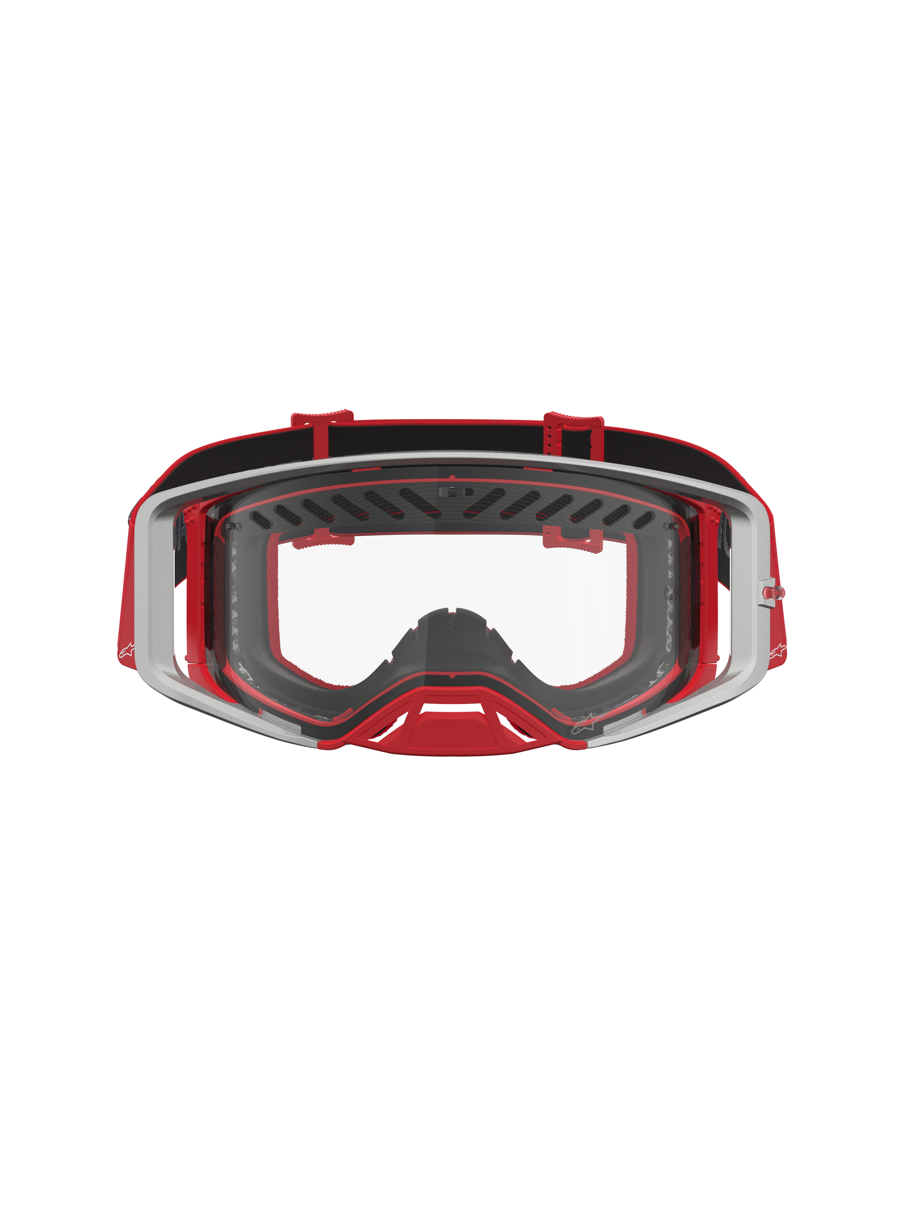 Alpinestars Supertech Dura Air Fluid, óculos de motocross vermelhos e prateados, lente de policarbonato transparente.