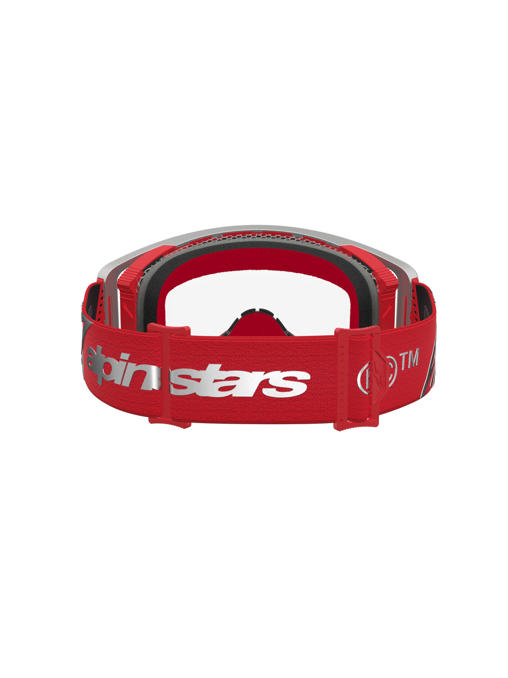 Alpinestars Óculos Supertech Dura Air Fluid, óculos de motocross vermelhos e prateados com fita ajustável, logótipo e forro em espuma, vista traseira.
